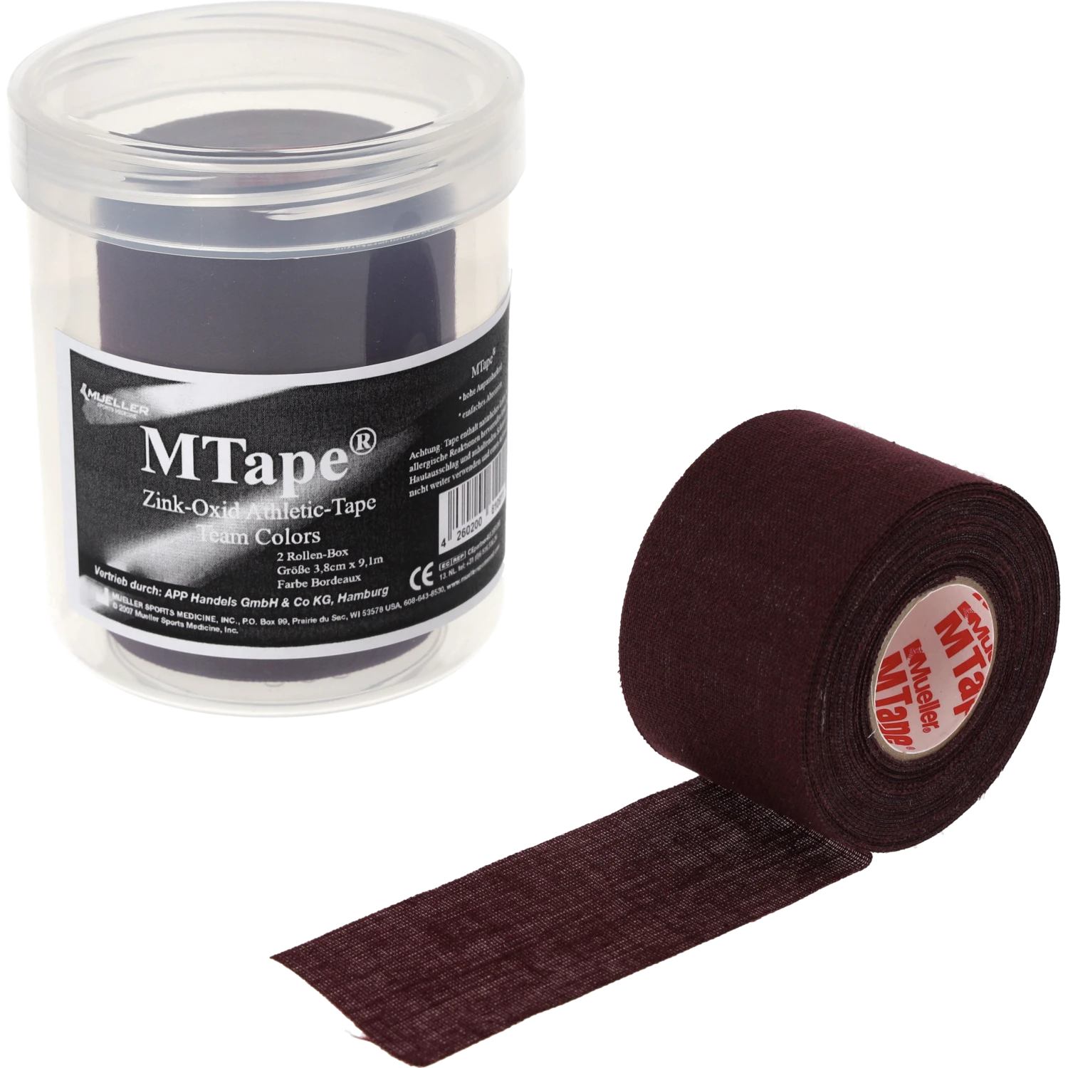 Mueller MTape Physio-Dose Bordeaux Einzelrolle abgerollt vor Dose