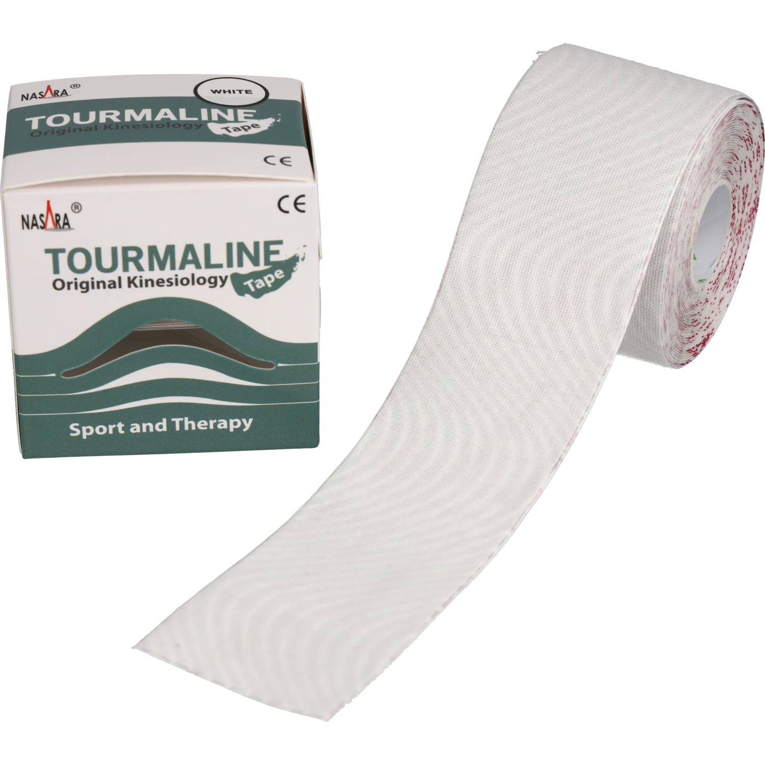 Nasara Tourmalin Kinesiologie Tape Weiss Rolle abgewickelt neben Verpackung
