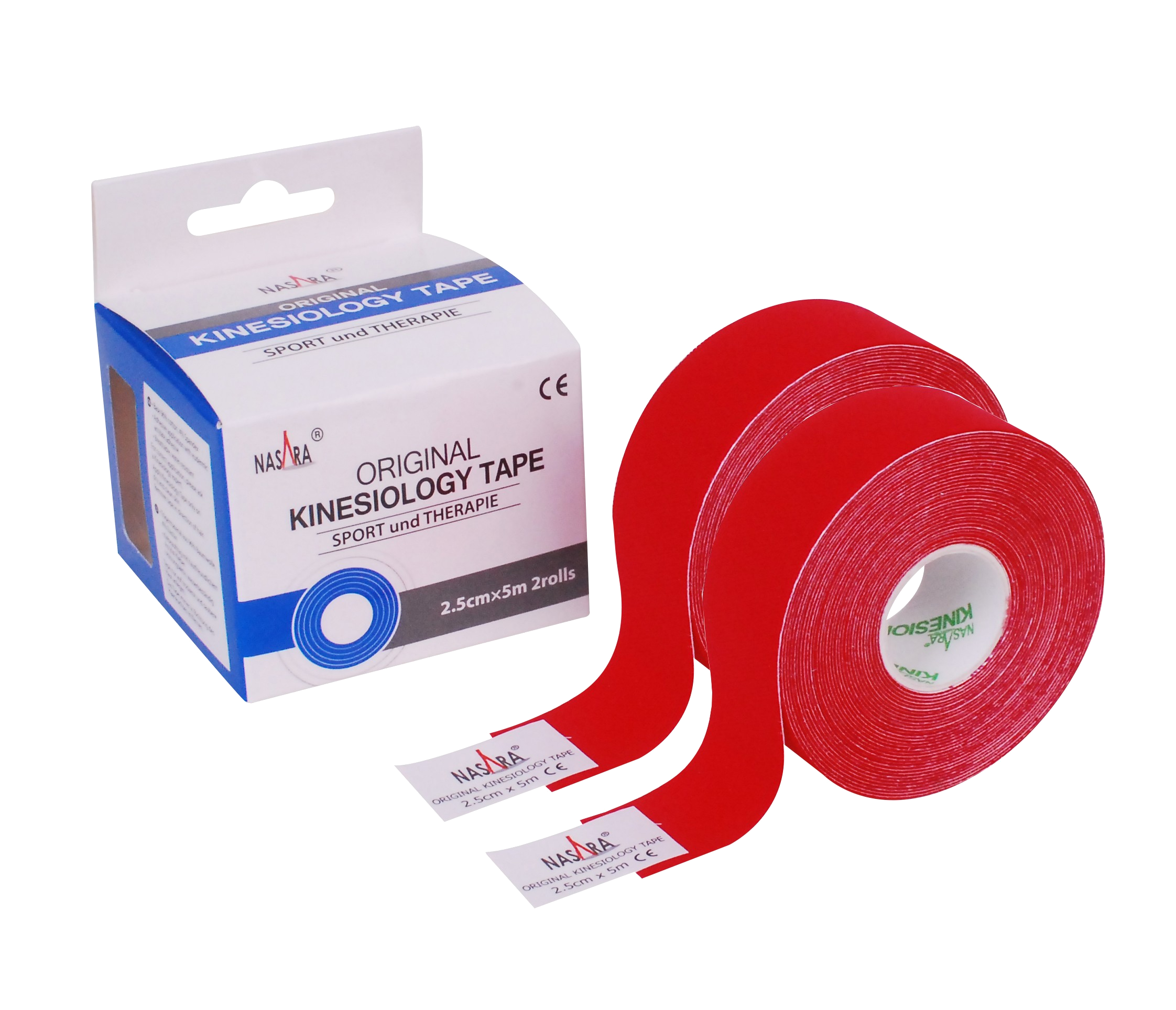 Nasara Kinesiologie Tape 2,5cm Rot 2 Einzelrollen vor Verpackung
