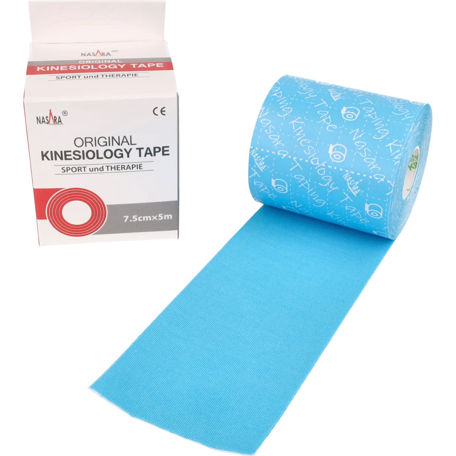 Nasara Kinesiologie Tape 7,5cm Türkis Einzelrolle abgerollt neben Verpackung