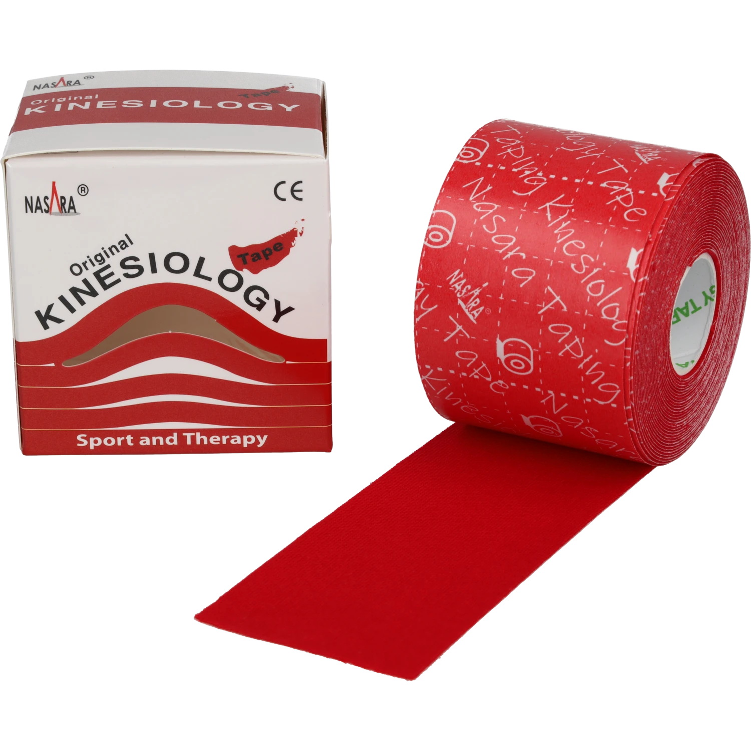 Nasara Kinesiologie Tape 5cm Rot Einzelrolle abgerollt neben Verpackung