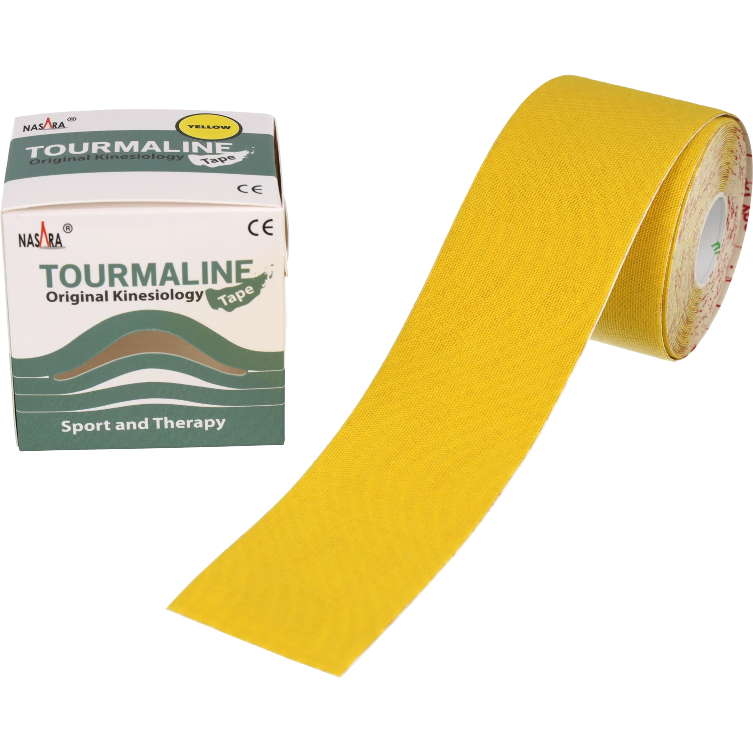 Nasara Tourmalin Kinesiologie Tape Gelb Rolle abgewickelt neben Verpackung