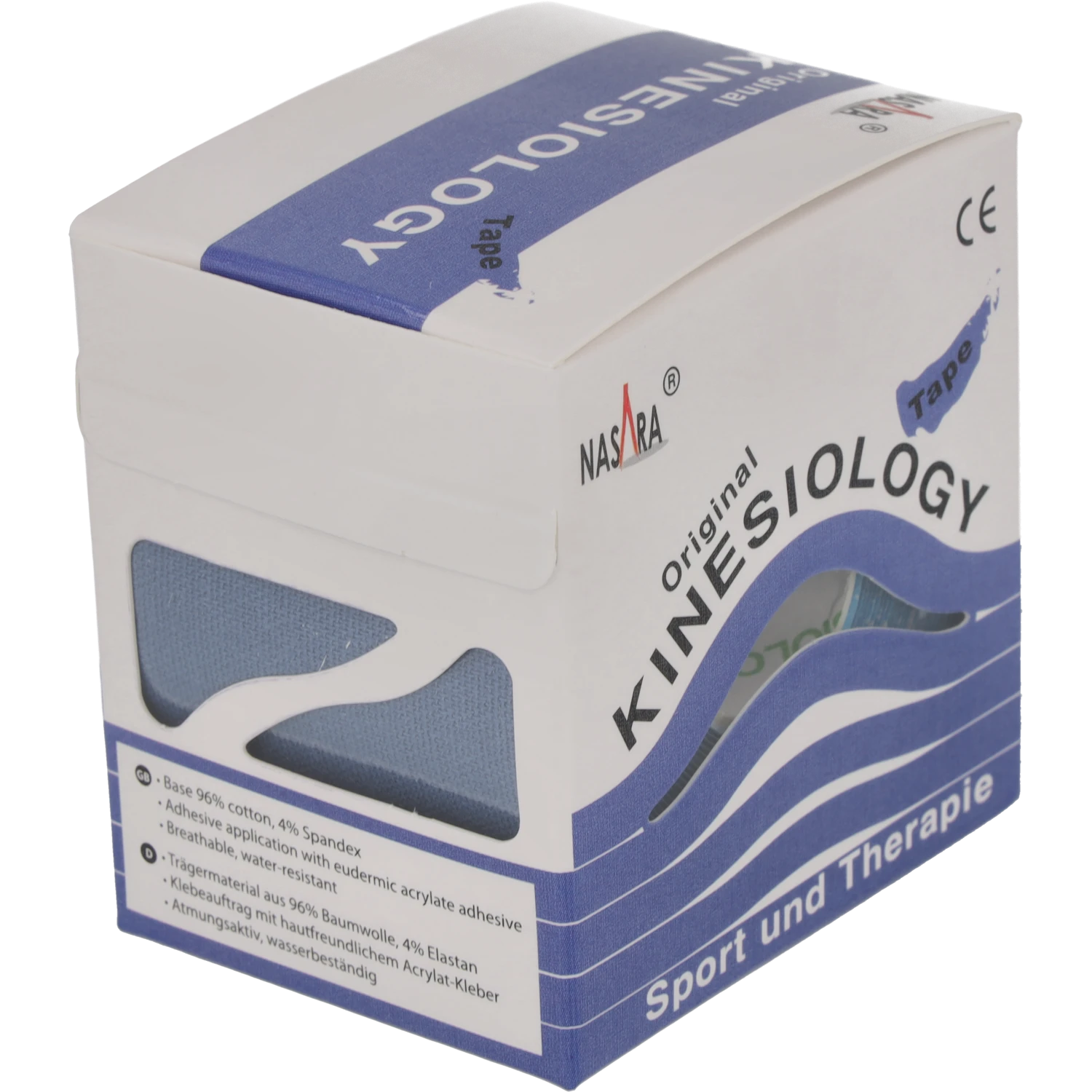 Nasara Kinesiologie Tape 5cm Mittelblau Einzelrolle Verpackung
