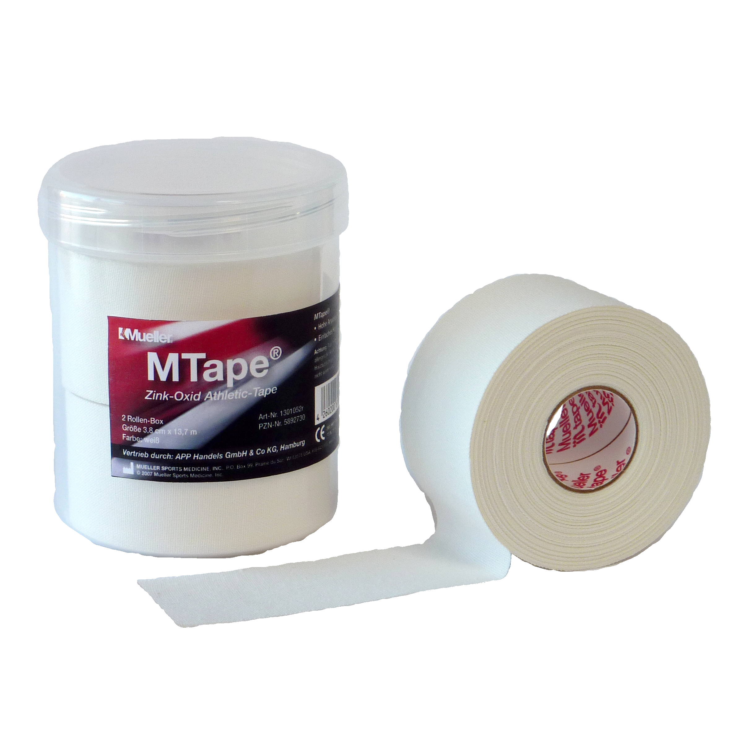 Mueller M-Tape weiss 3,8cm Physio-Dose mit extra Rolle liegend 1301052R