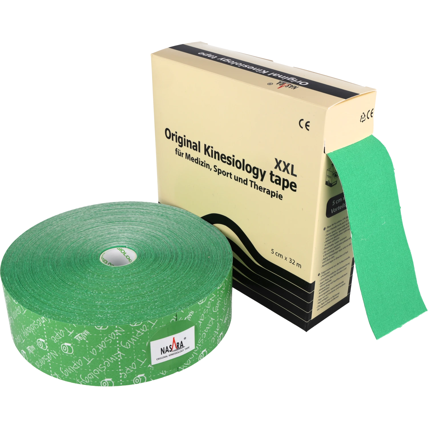Nasara Kinesiologie Tape 32m Grün ausgepackte Rolle neben Verpackung