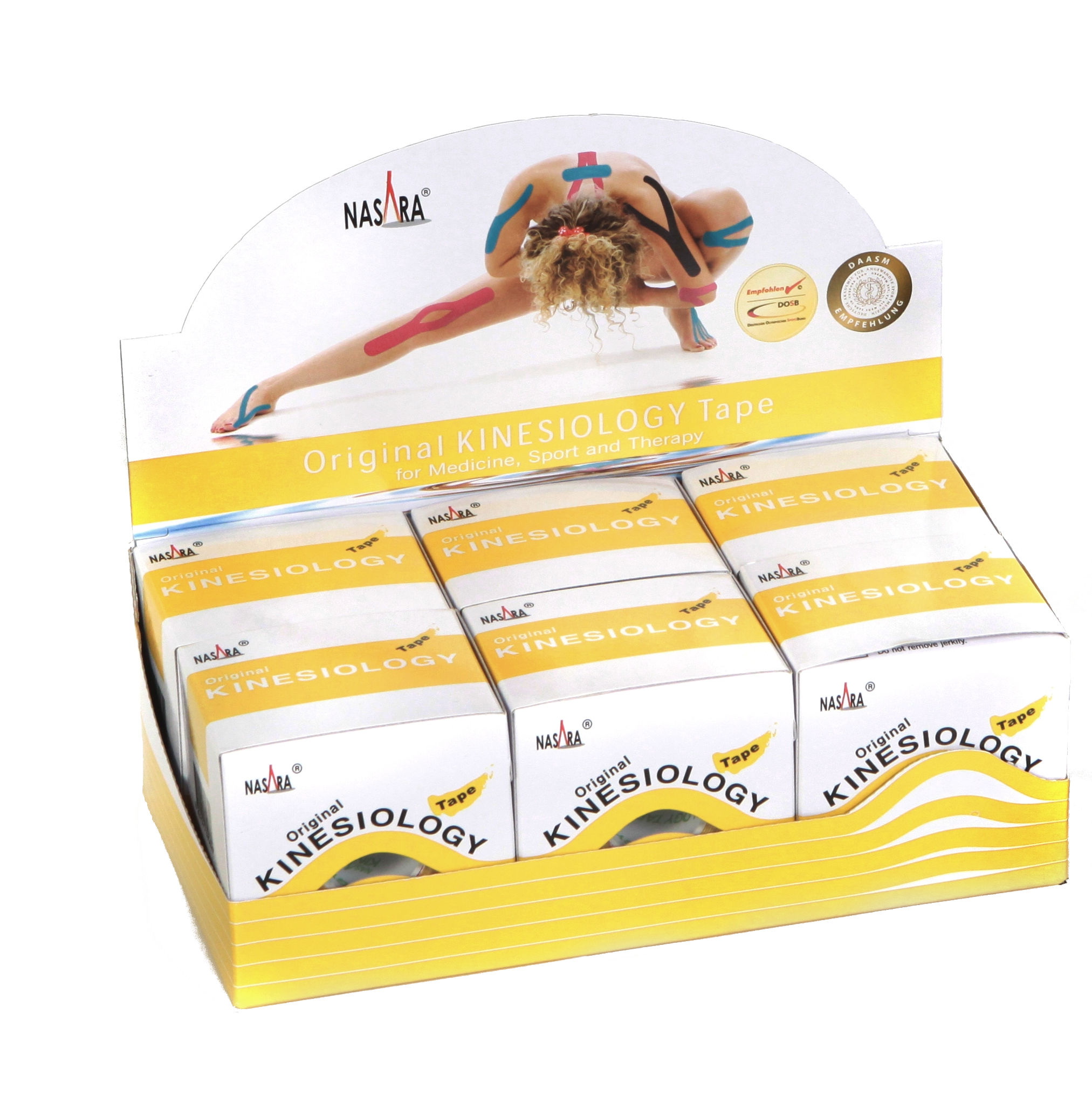 Nasara Kinesiologie Tape 6er Box Gelb offene Displaybox