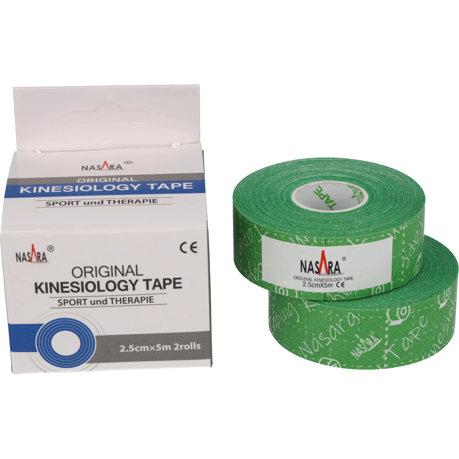 Nasara Kinesiologie Tape 2,5cm Grün zwei Einzelrollen neben Verpackung