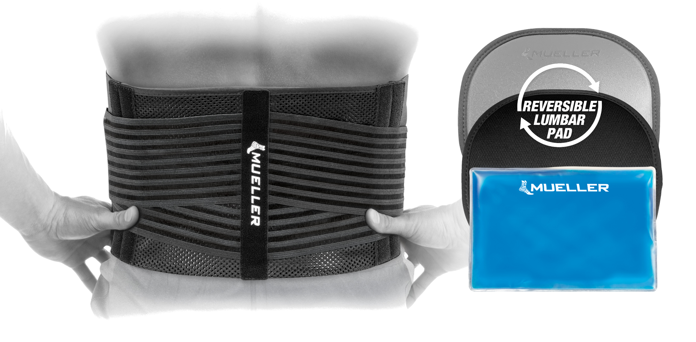 Mueller Cold-Hot Lumbar Back Brace 66017 Rückansicht mit herausnehmbarer Pelotte und Gel Pack