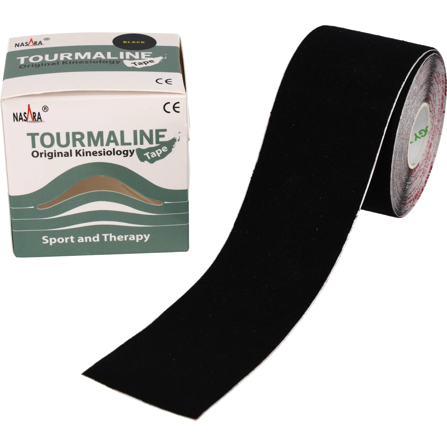 Nasara Tourmalin Kinesiologie Tape Schwarz Rolle abgewickelt neben Verpackung