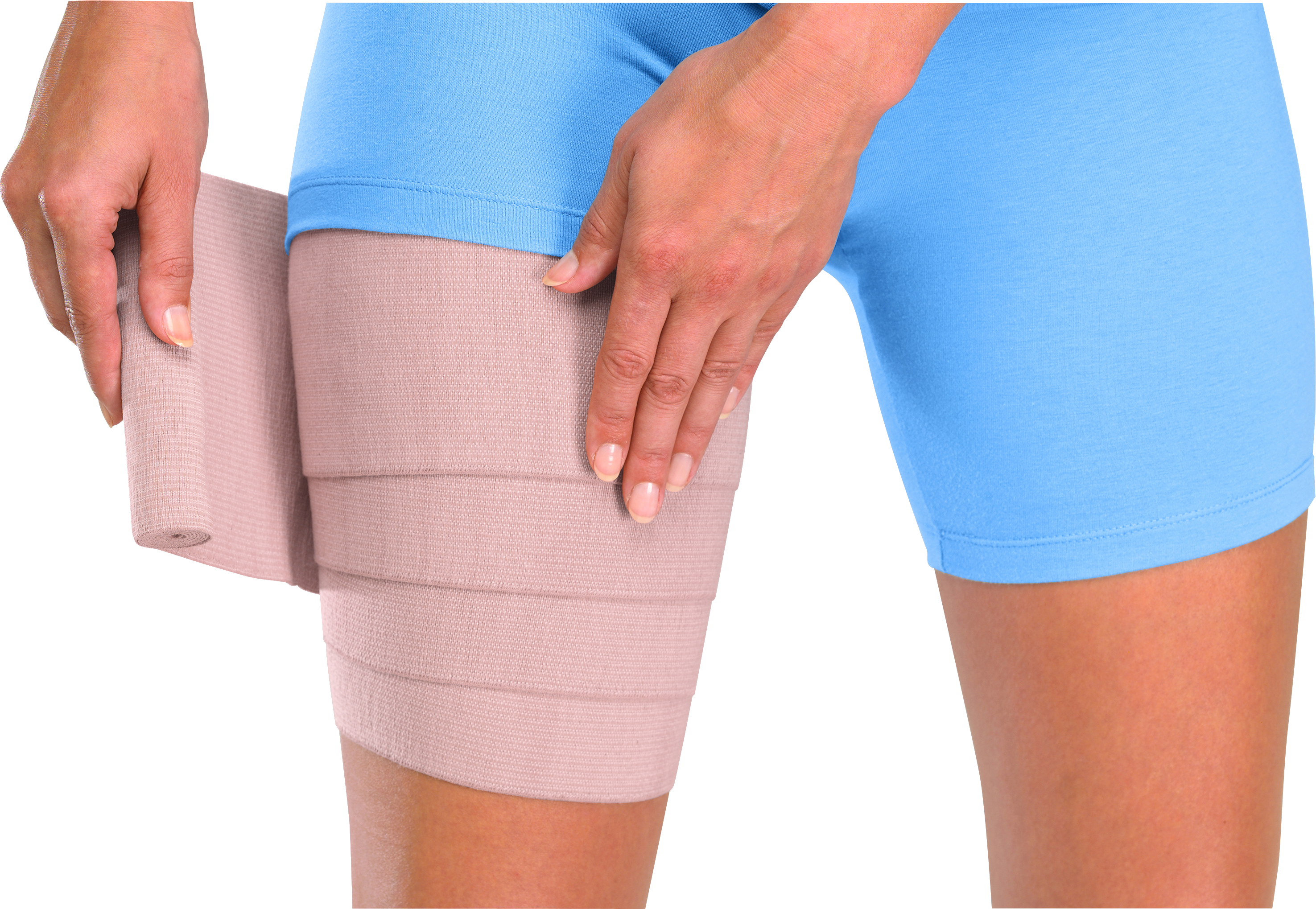 Mueller Elastische Fixierbinde 050102 7,6cm*4,5m Anwendung Mueller Elastische Fixierbinde 7,6cm*4,5m Anwendung einer Frau auf Oberschenkel 050102