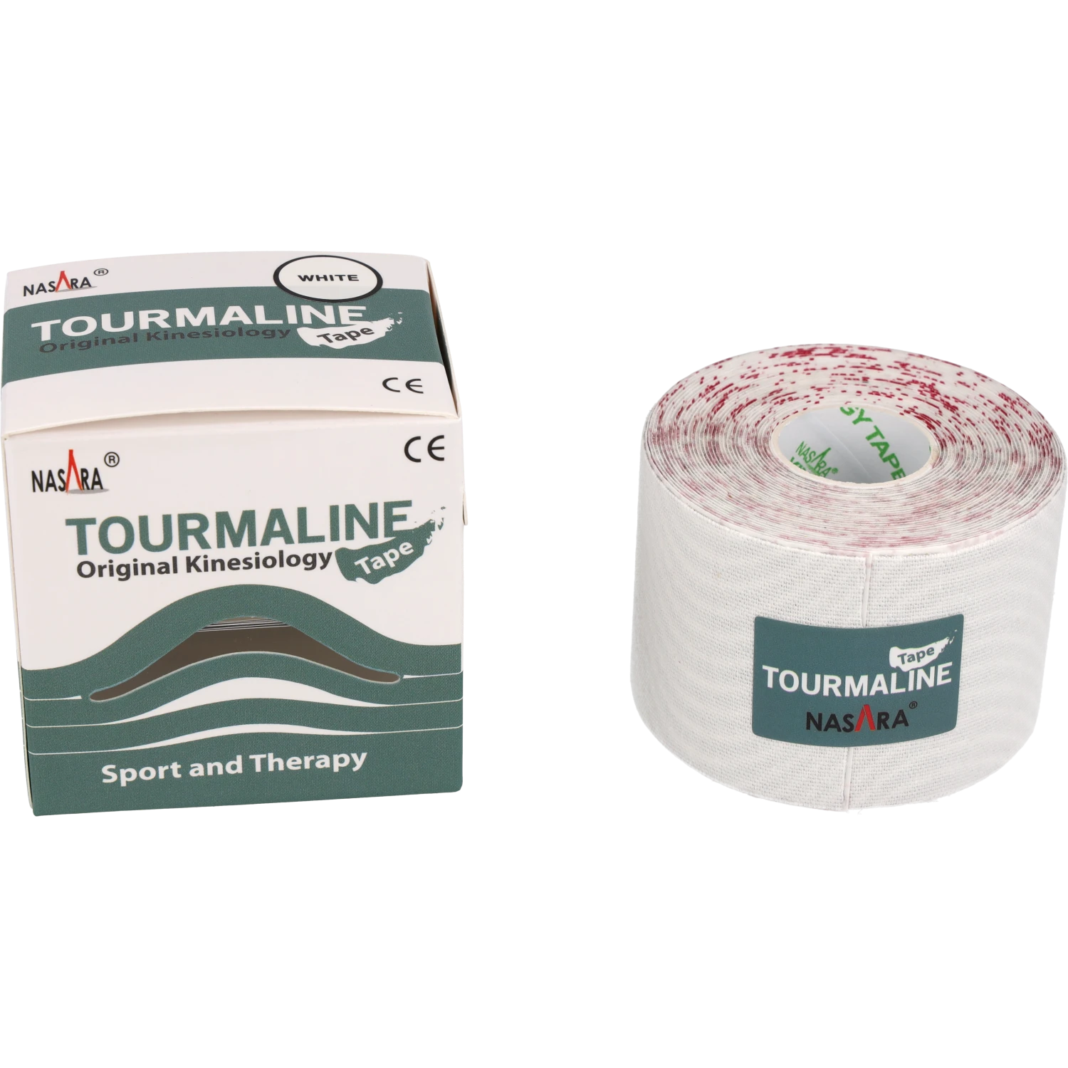 Nasara Tourmalin Kinesiologie Tape Weiss Rolle zusammen neben Verpackung