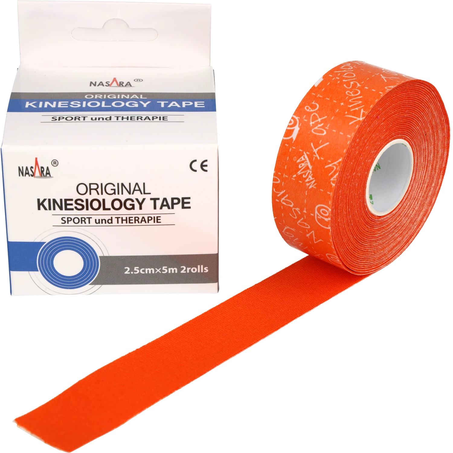 Nasara Kinesiologie Tape 2,5cm Orange Einzelrolle neben Verpackung