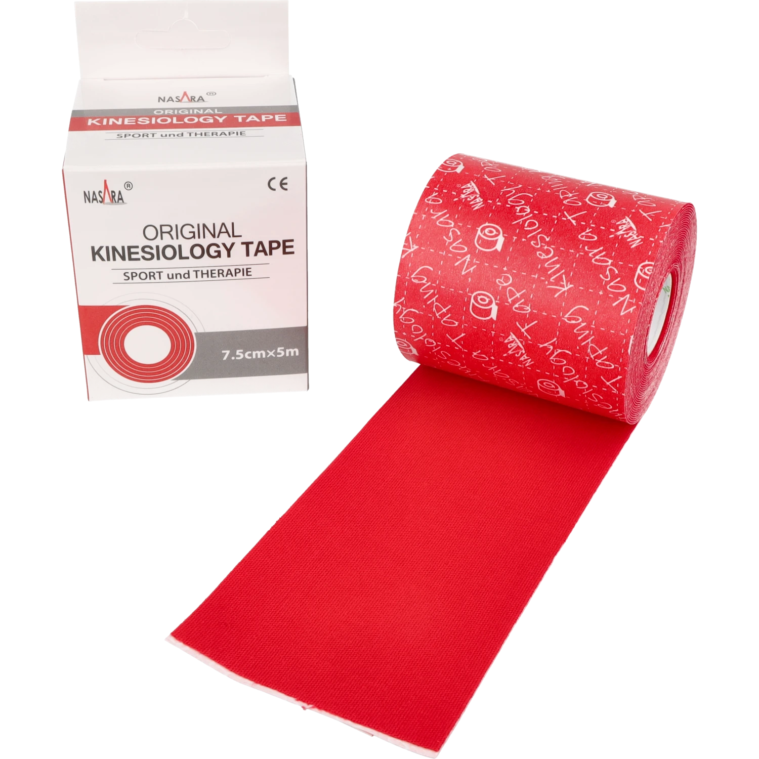 Nasara Kinesiologie Tape 7,5cm Rot ausgerollte Rolle neben Verpackung