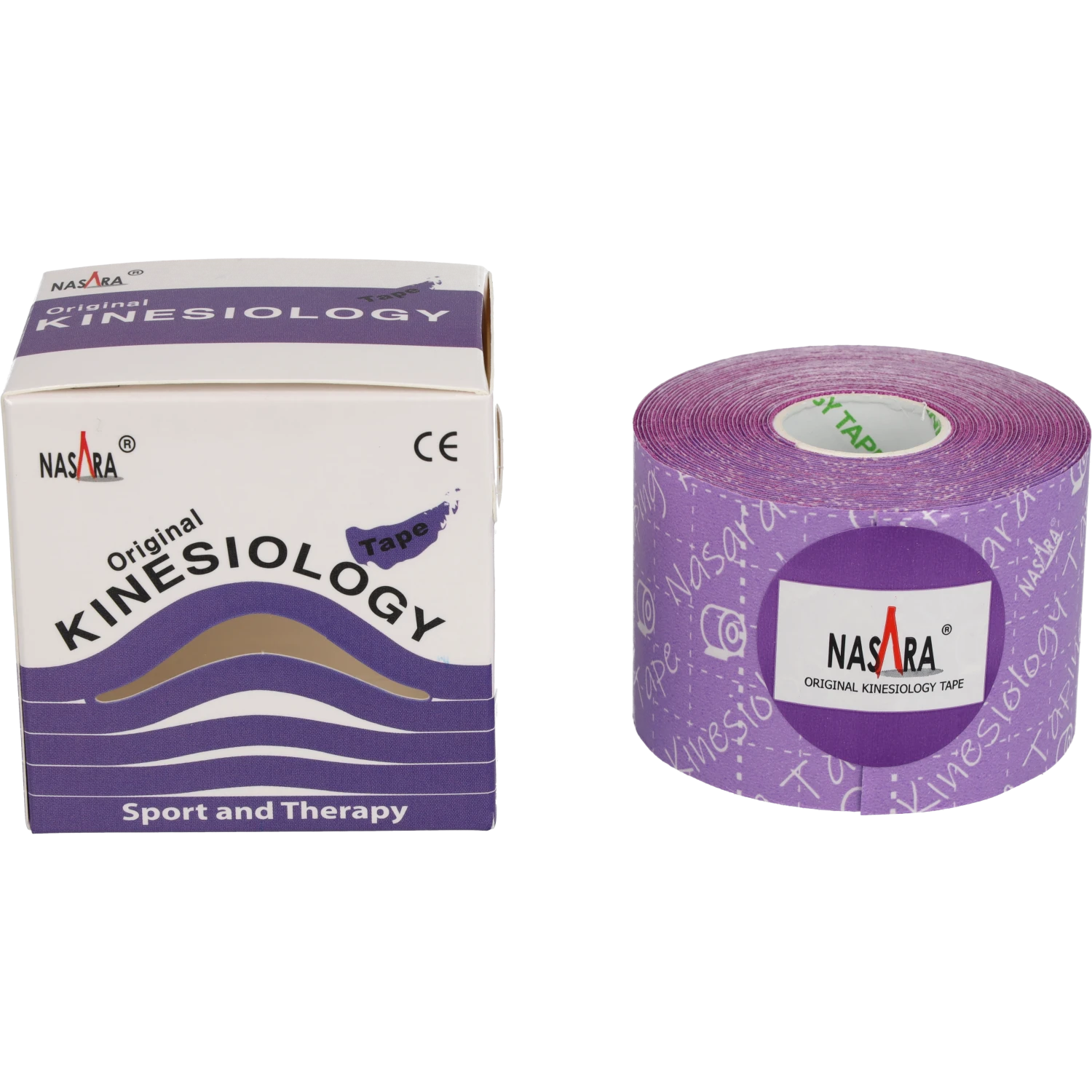 Nasara Kinesiologie Tape 5cm Lila Einzelrolle zusammen neben Verpackung