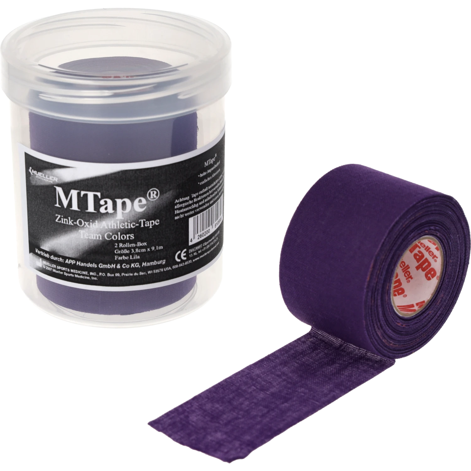 Mueller MTape 2-Rollen-Physio-Dose Lila Einzelrolle abgerollt vor Dose