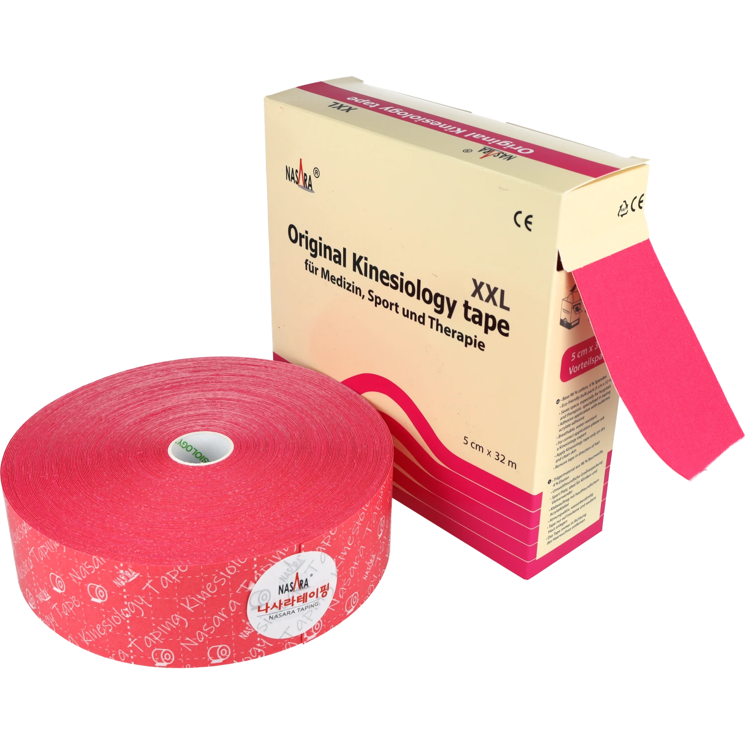 Nasara Kinesiologie Tape 32m Pink ausgepackte Rolle neben Verpackung