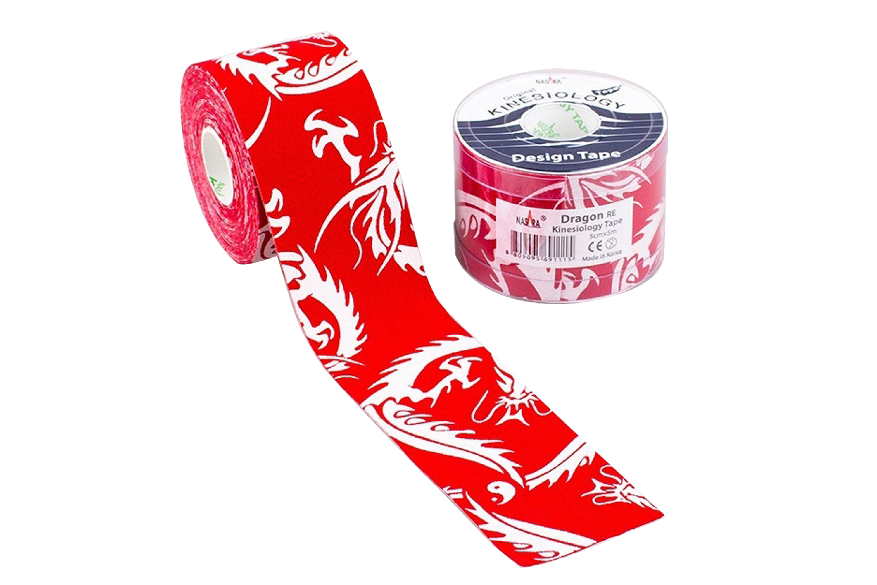 Nasara Dragon Tape Kinesiologie Tape Rot Rolle neben Verpackung