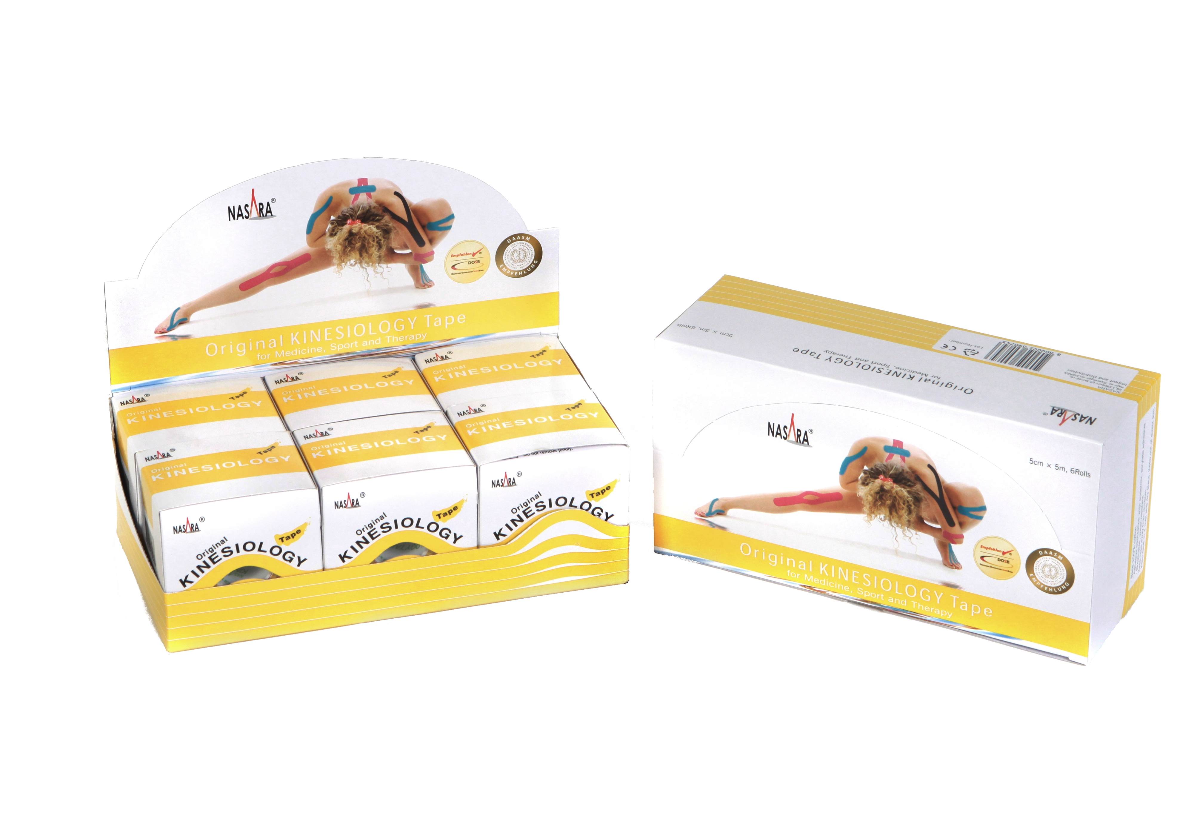 Nasara Kinesiologie Tape 6er Box Gelb 2 Displayboxen nebeneinander