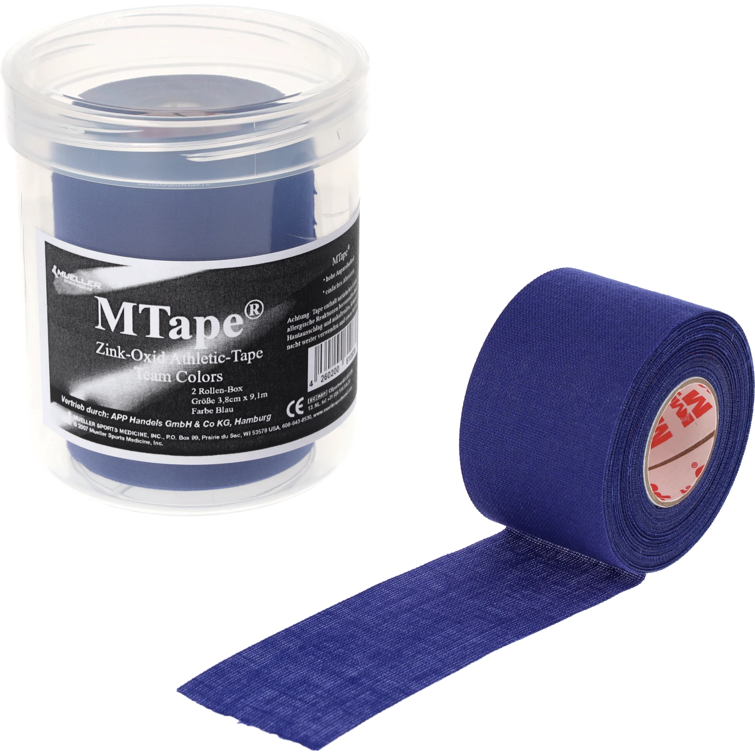 Mueller MTape 2-Rollen-Physio-Dose Blau Einzelrolle abgerollt vor Dose