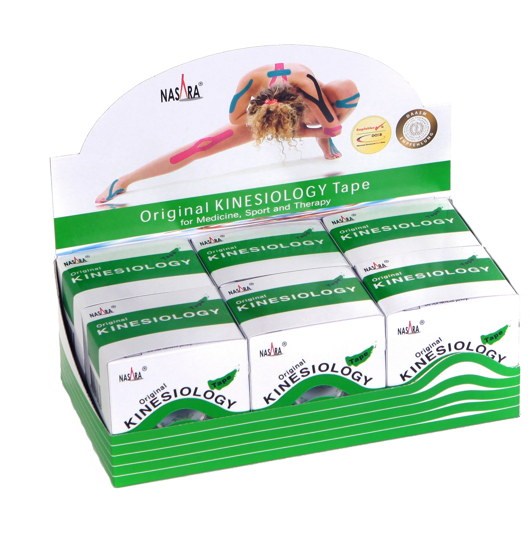 Nasara Kinesiologie Tape 6er Box Grün offene Displaybox