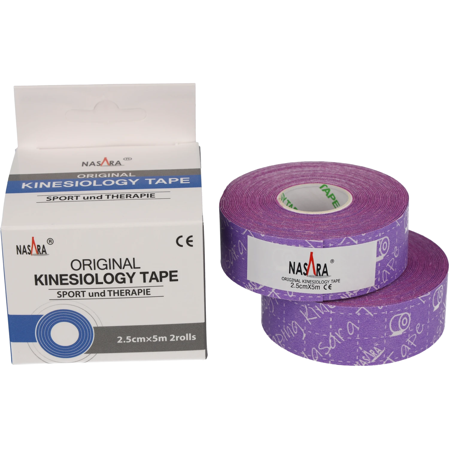 Nasara Kinesiologie Tape 2,5cm Lila zwei Einzelollen neben Verpackung