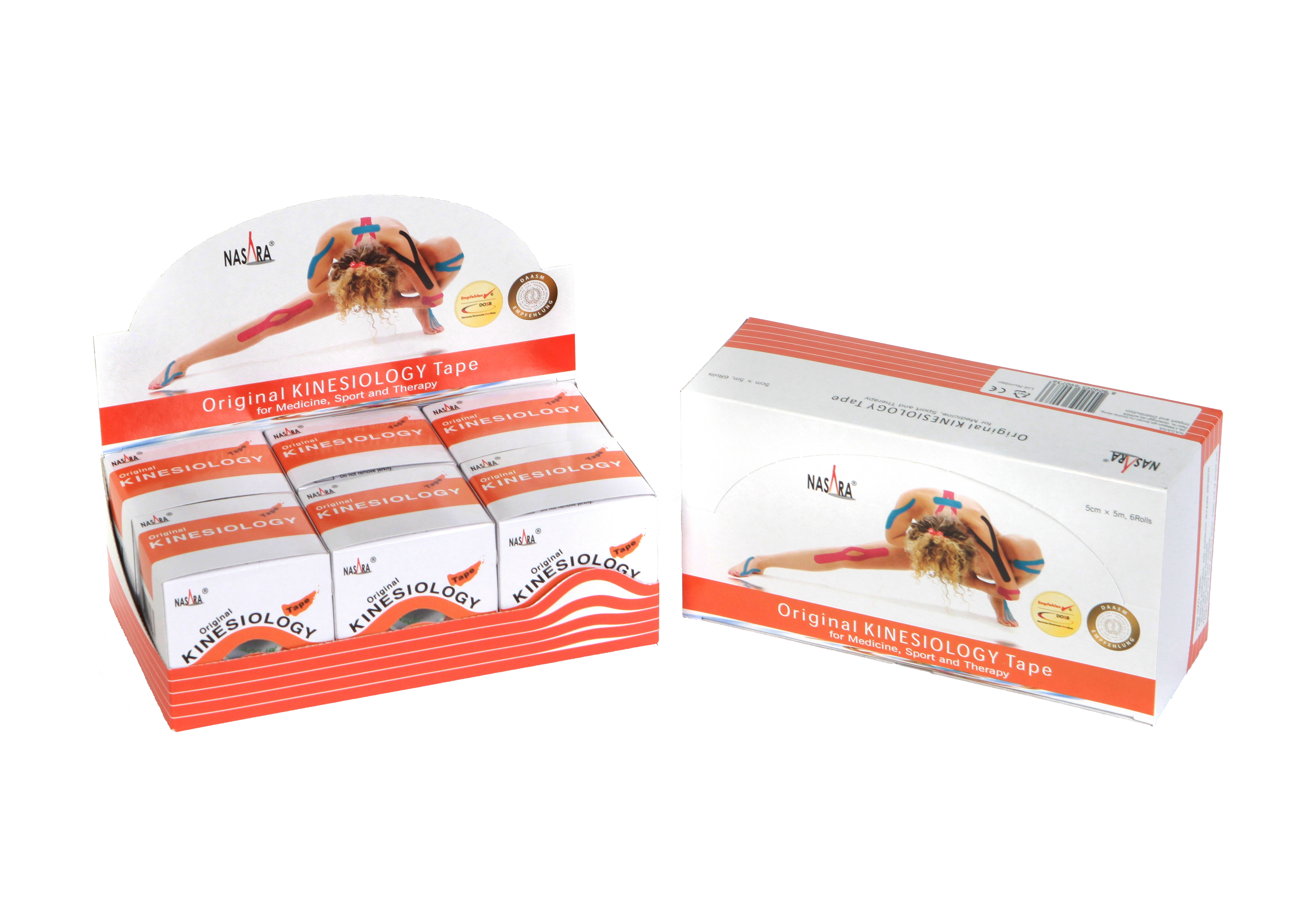 Nasara Kinesiologie Tape 6er Box Orange 2 Displayboxen nebeneinander