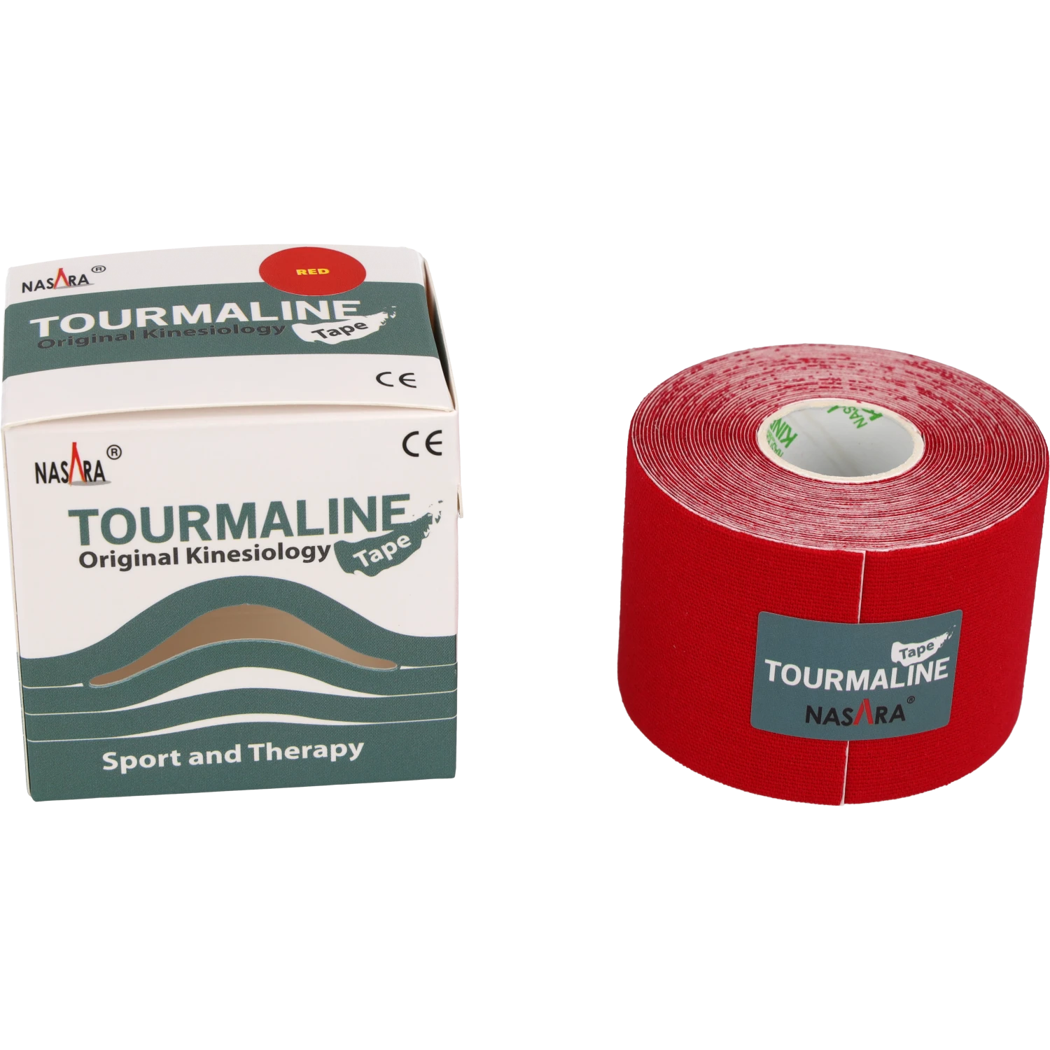 Nasara Torumalin Kinesiologie Tape Rot Rolle zusammen neben Verpackung