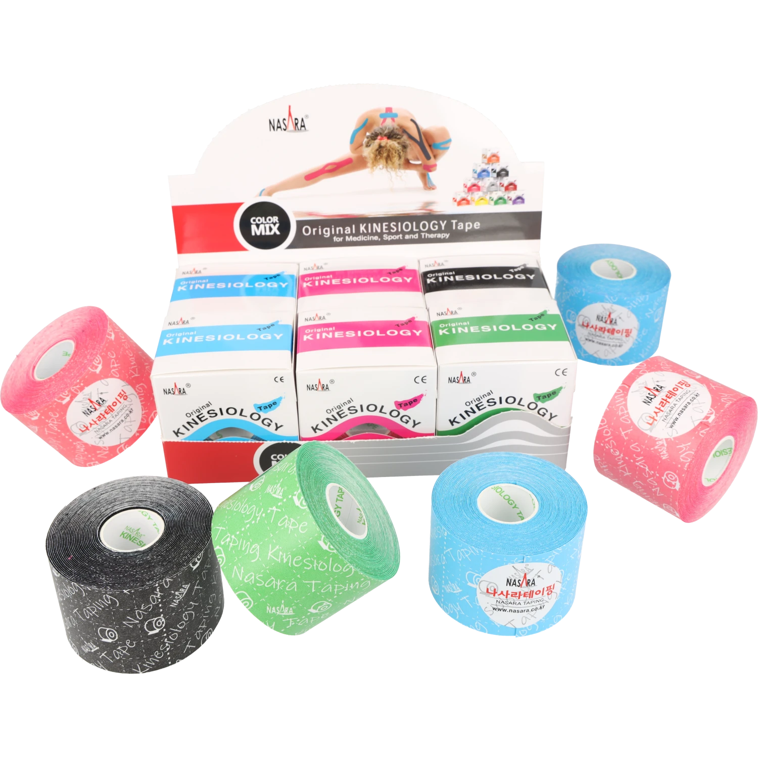 Nasara Kinesiologie Tape 5cm 6er Sparset mit Grün Displaybox mit Einzelrollen