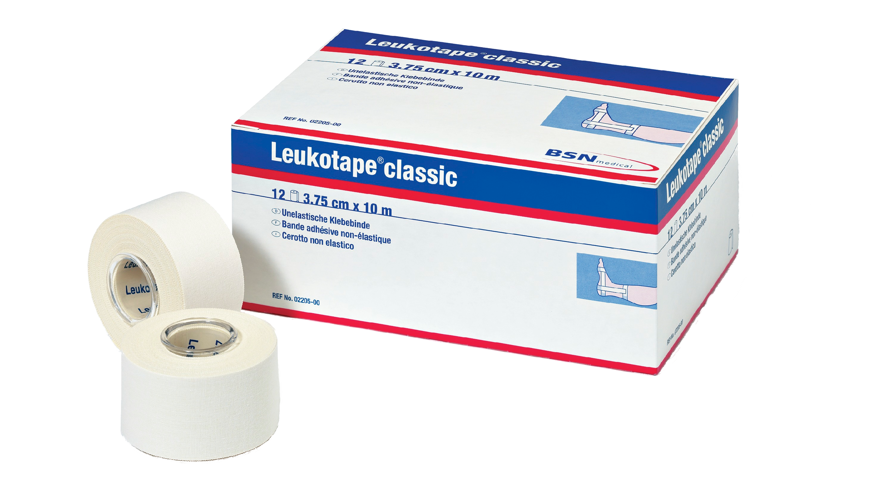 BSN Leukotape 3,75cm 12er Verpackungseinheit mit zwei Einzelrollen davor liegend