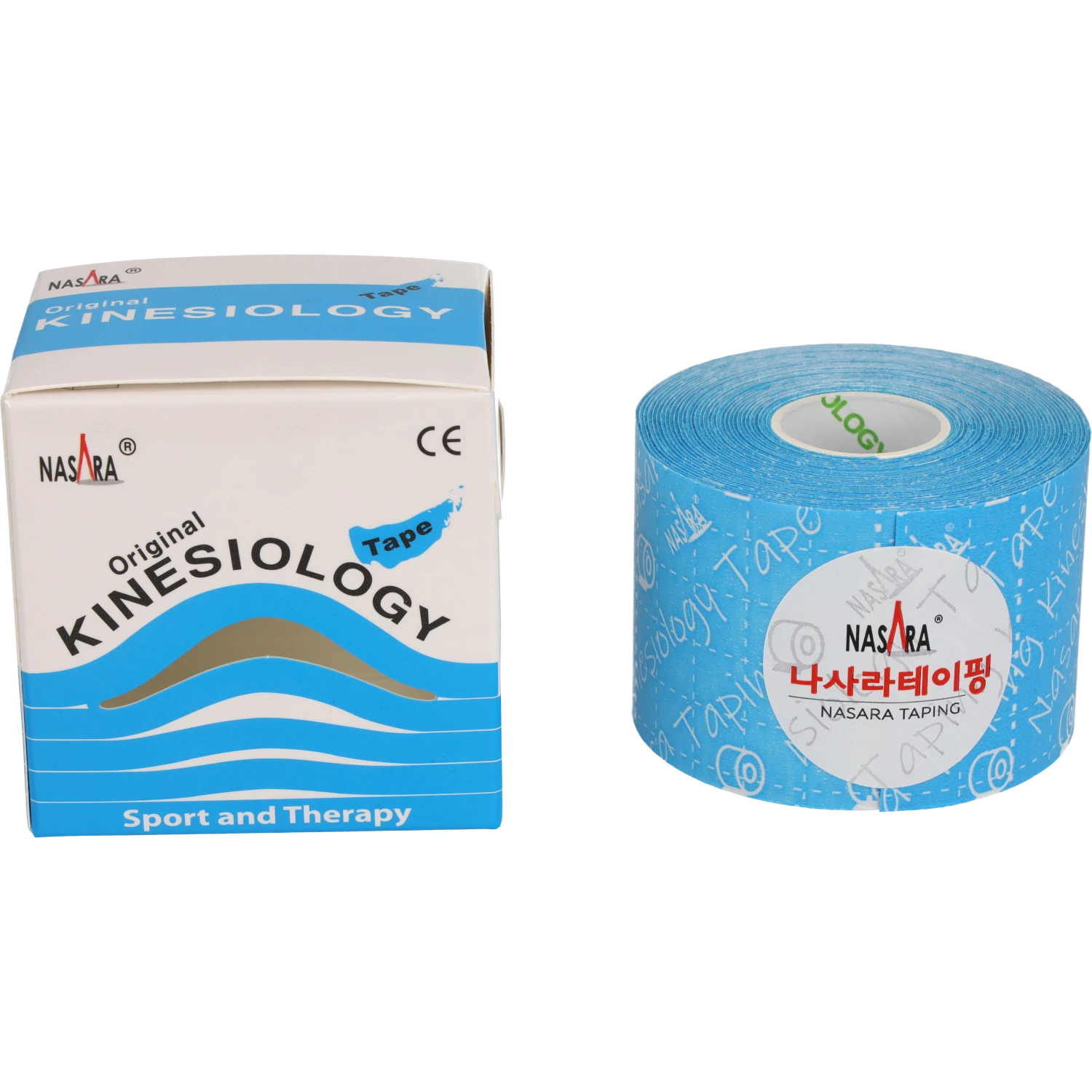 Nasara Kinesiologie Tape 5cm Türkis Einzelrolle zusammen neben Verpackung