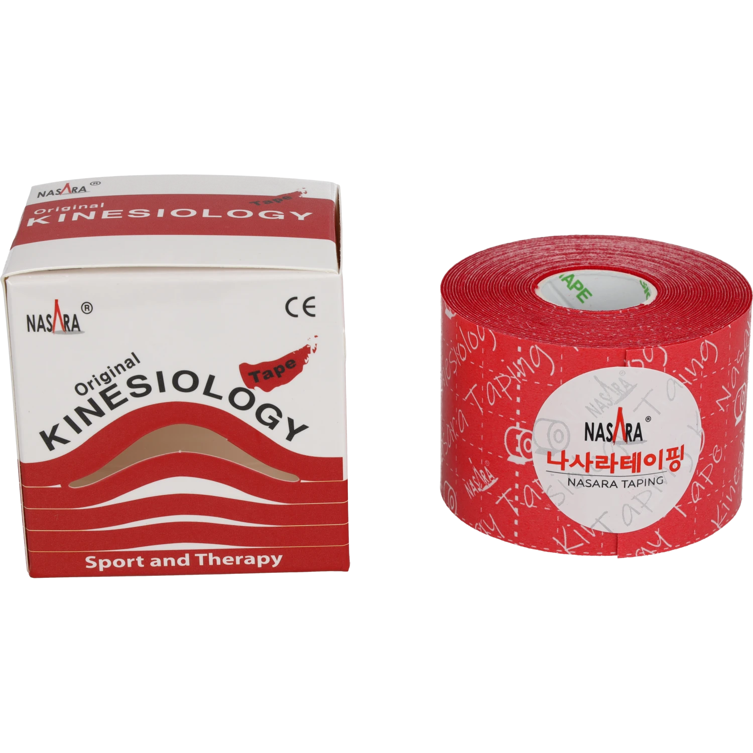 Nasara Kinesiologie Tape 5cm Rot Einzelrolle zusammen neben Verpackung