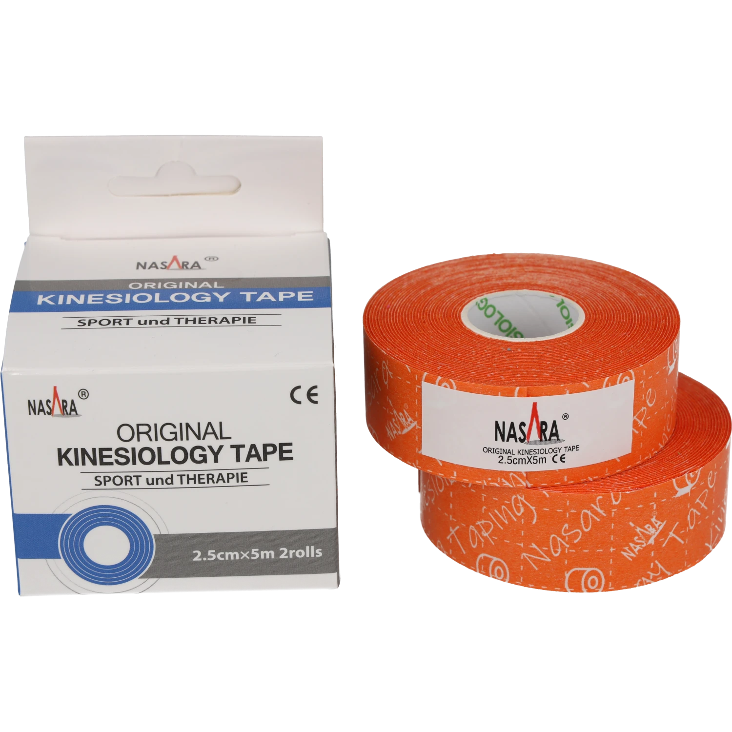Nasara Kinesiologie Tape 2,5cm Orange zwei Rollen aufeinander neben Verpackung