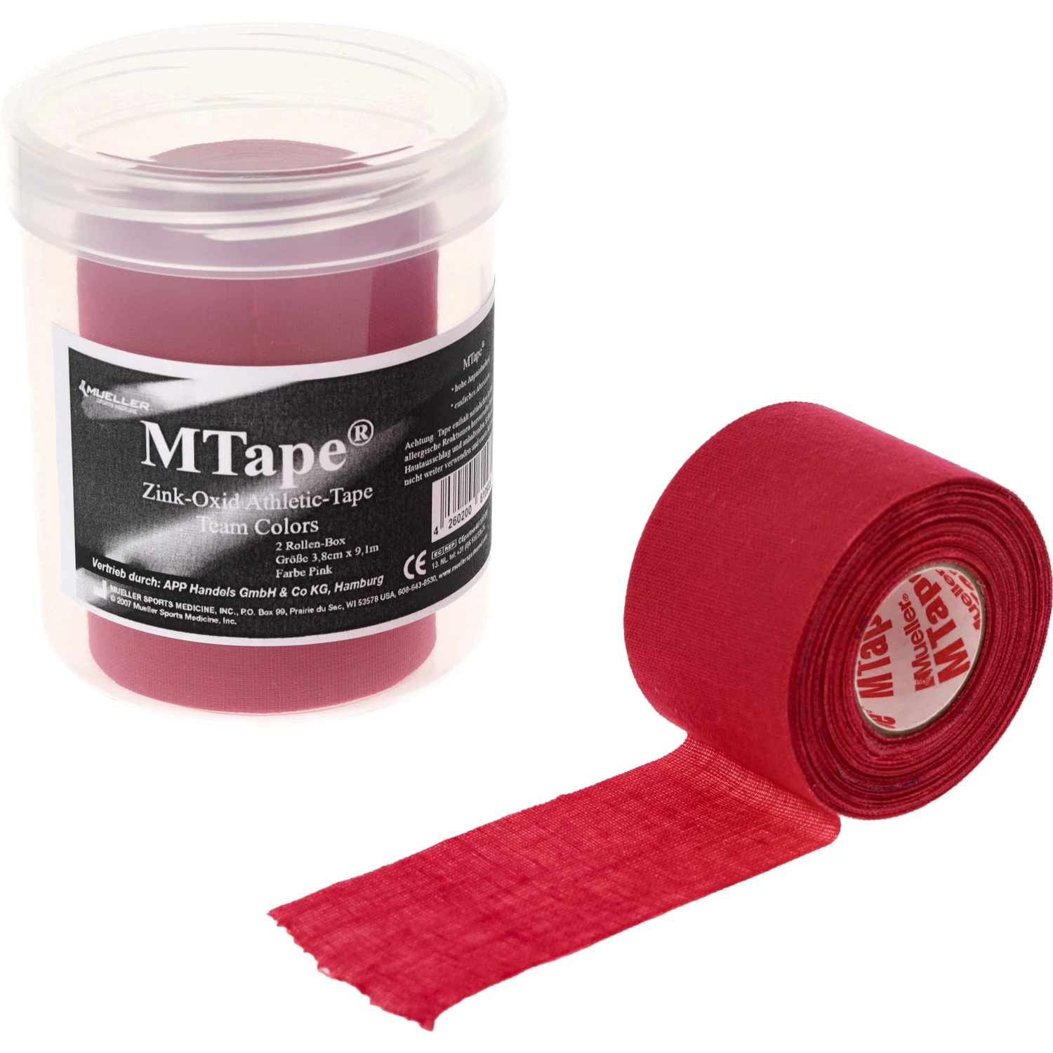 Mueller MTape 2-Rollen-Physio-Dose Pink Einzelrolle abgerollt vor Dose
