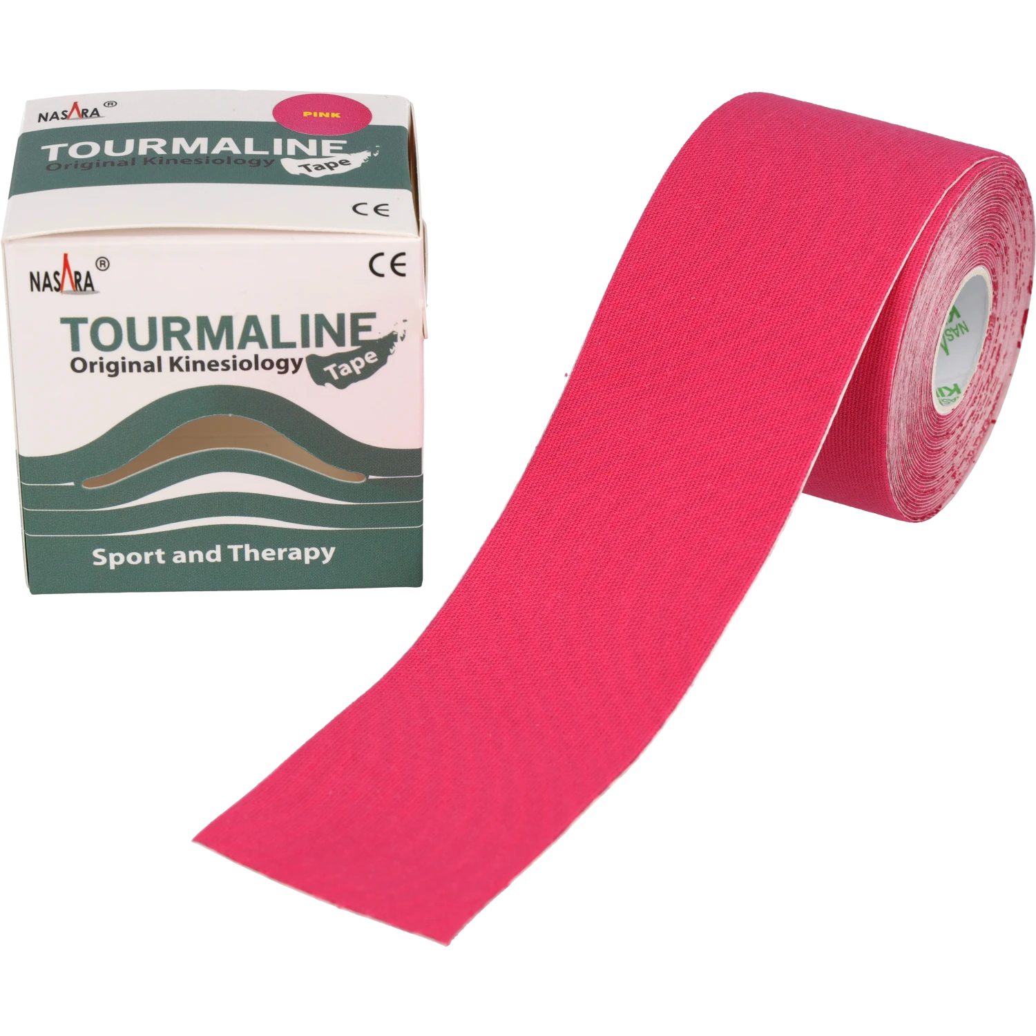Nasara Tourmalin Kinesiologie Tape Pink Rolle abgewickelt neben Verpackung