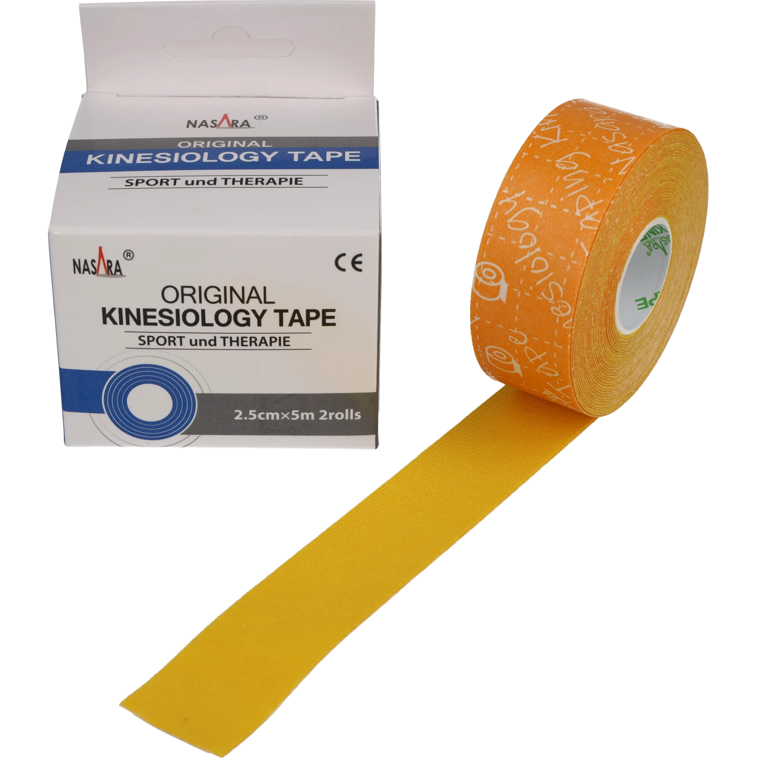 Nasara Kinesiologie Tape 2,5cm Gelb Einzelrolle neben Verpackung