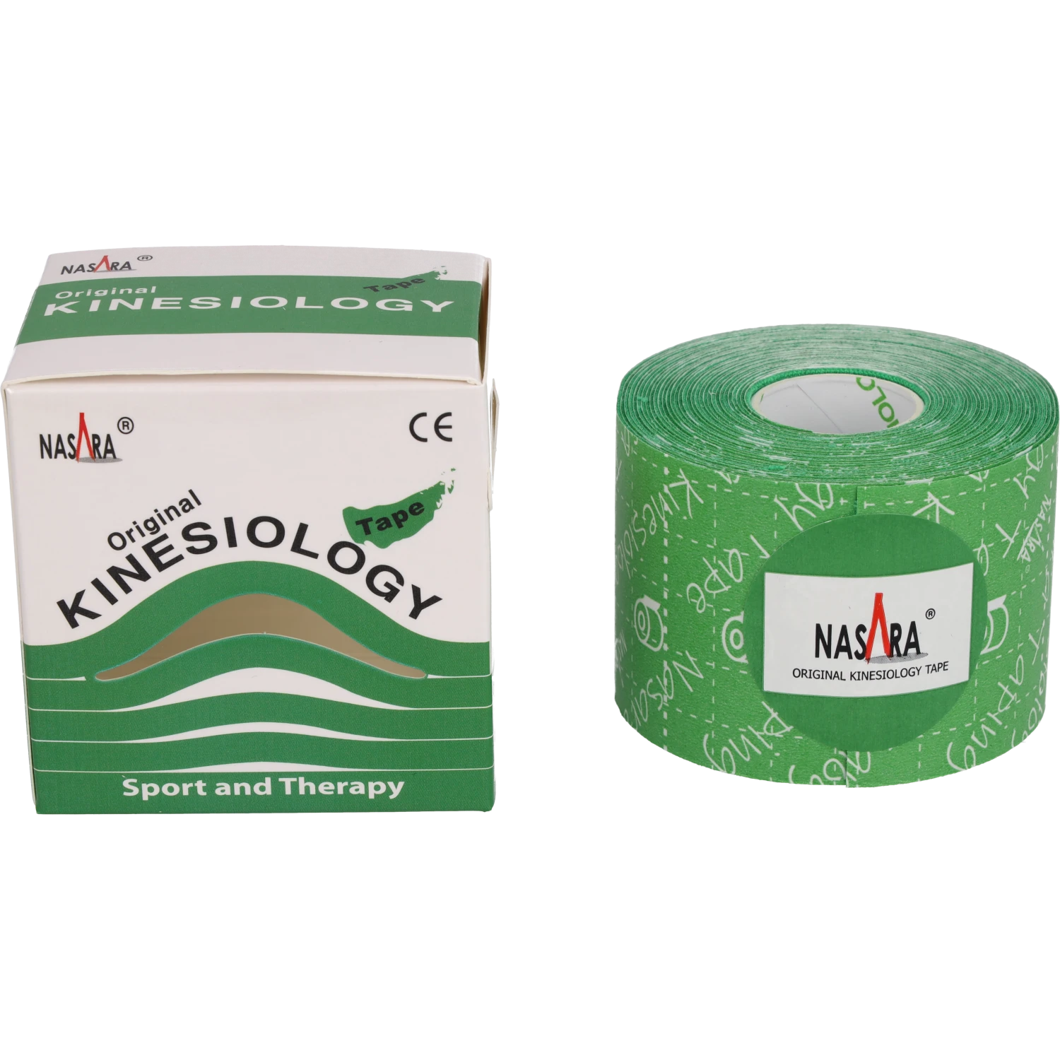 Nasara Kinesiologie Tape 5cm Grün Einzelrolle zusammen neben Verpackung