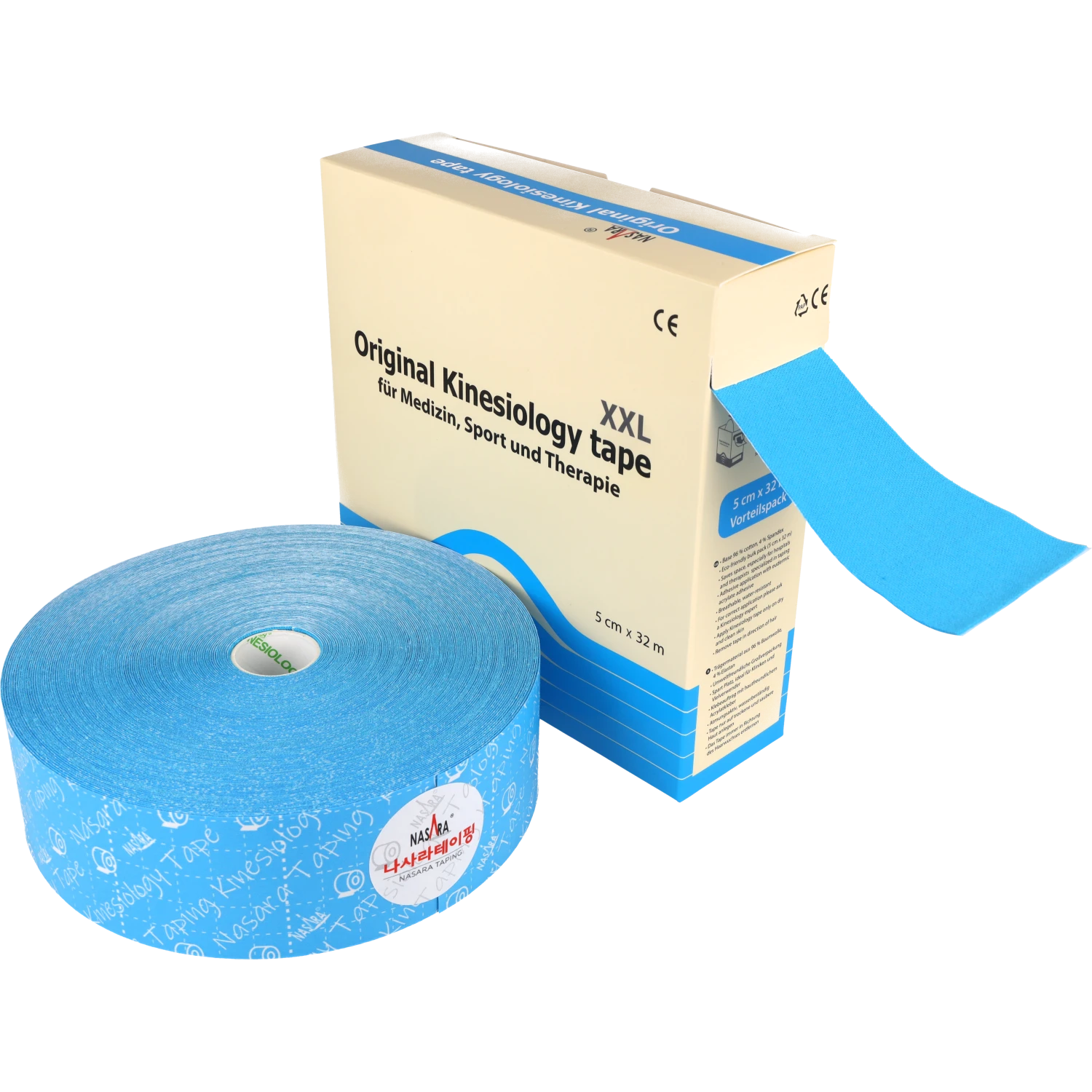 Nasara Kinesiologie Tape 32m Türkis ausgepackte Rolle neben Verpackung
