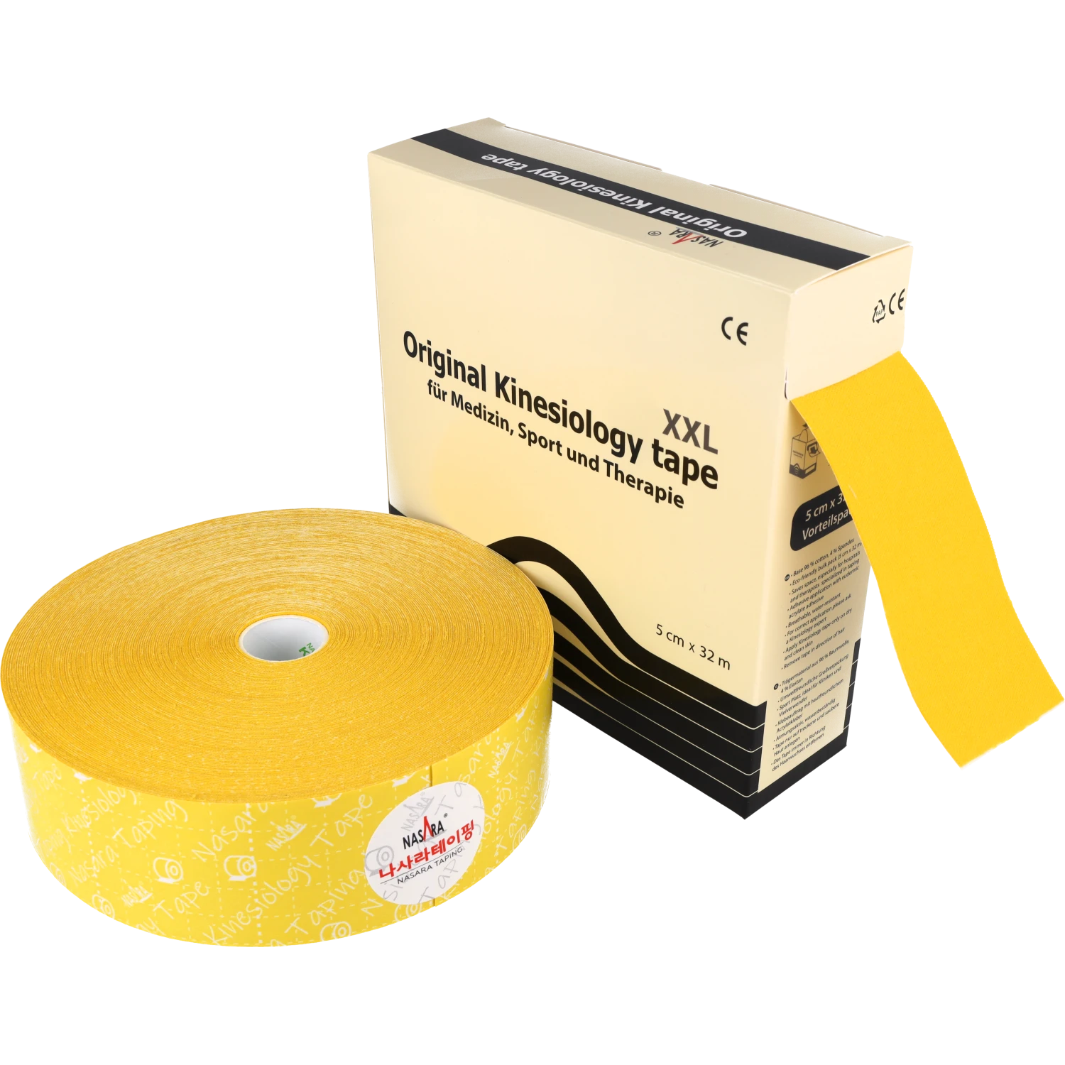 Nasara Kinesiologie Tape 32m Gelb ausgepackte Rolle neben Verpackung