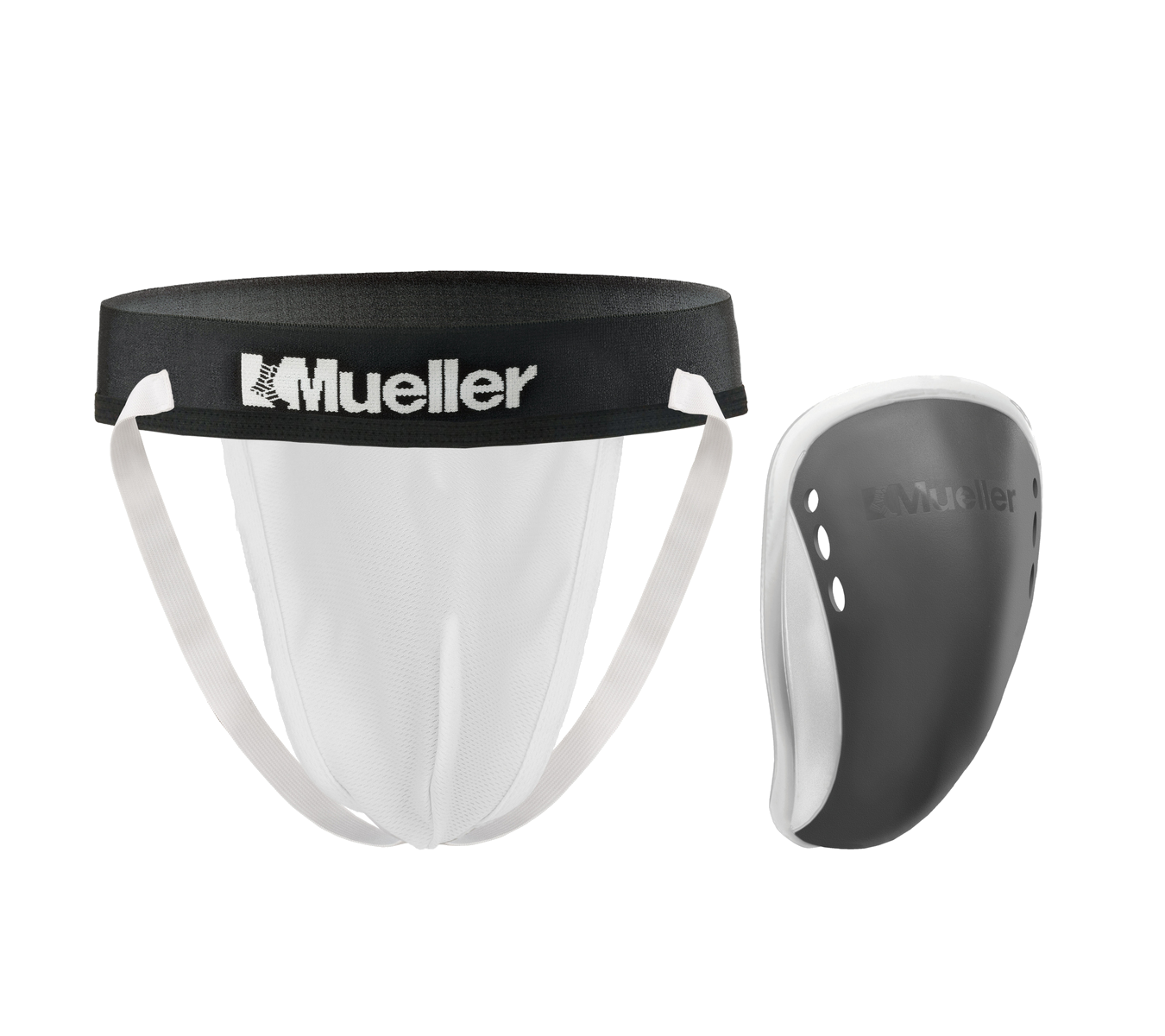 Mueller Tiefschutz String-Supporter mit Einsatz Mueller Flexibler String-Tiefschutz mit grauen Schutzeinsatz daneben