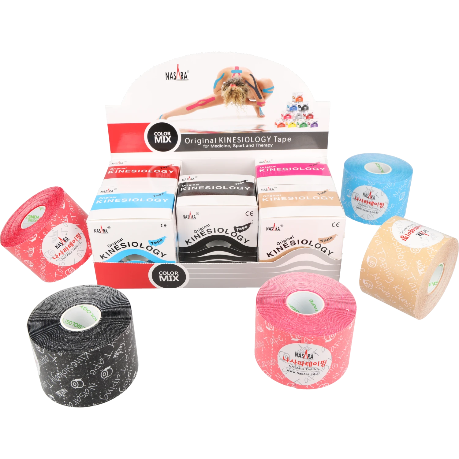 Nasara Kinesiologie Tape 5cm 5er Sparset in Verpackung mit Einzelrollen daneben