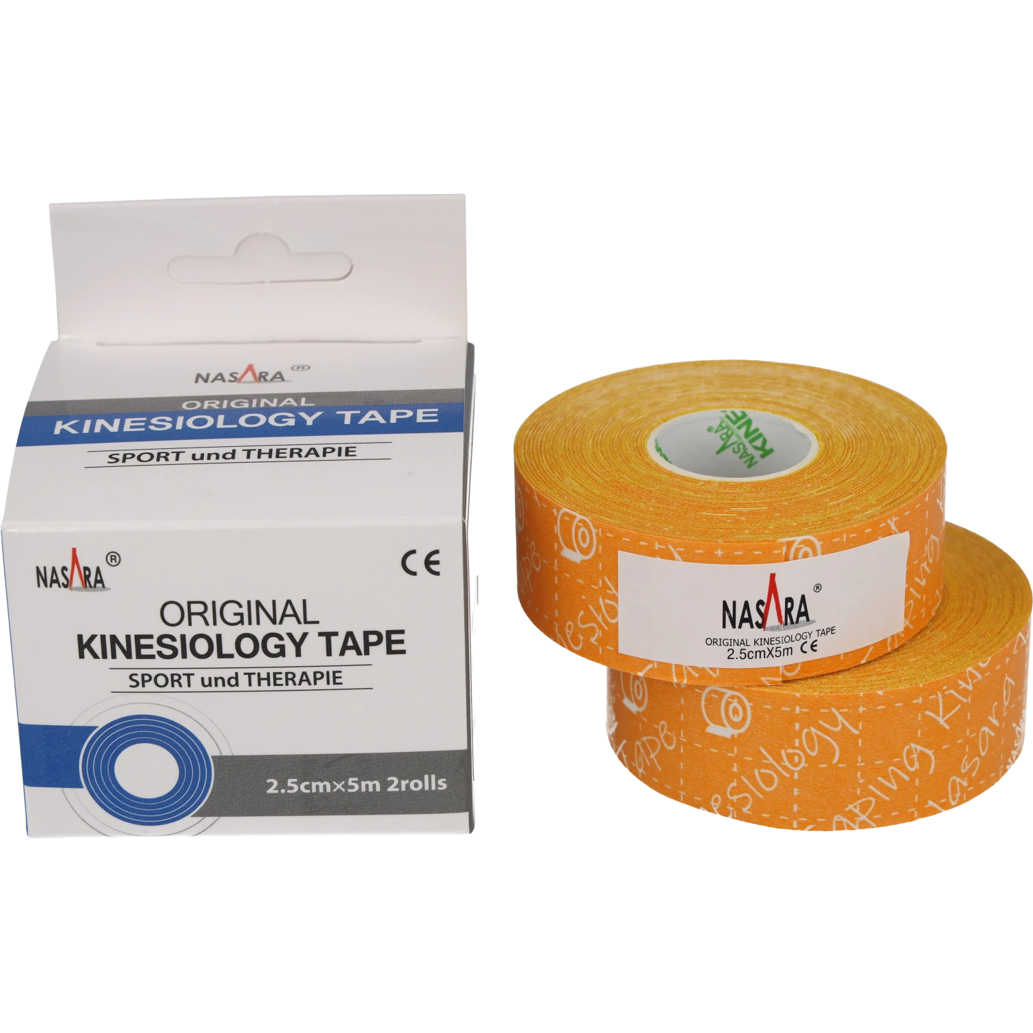 Nasara Kinesiologie Tape 2,5cm Gelb zwei Einzelrollen neben Verpackung