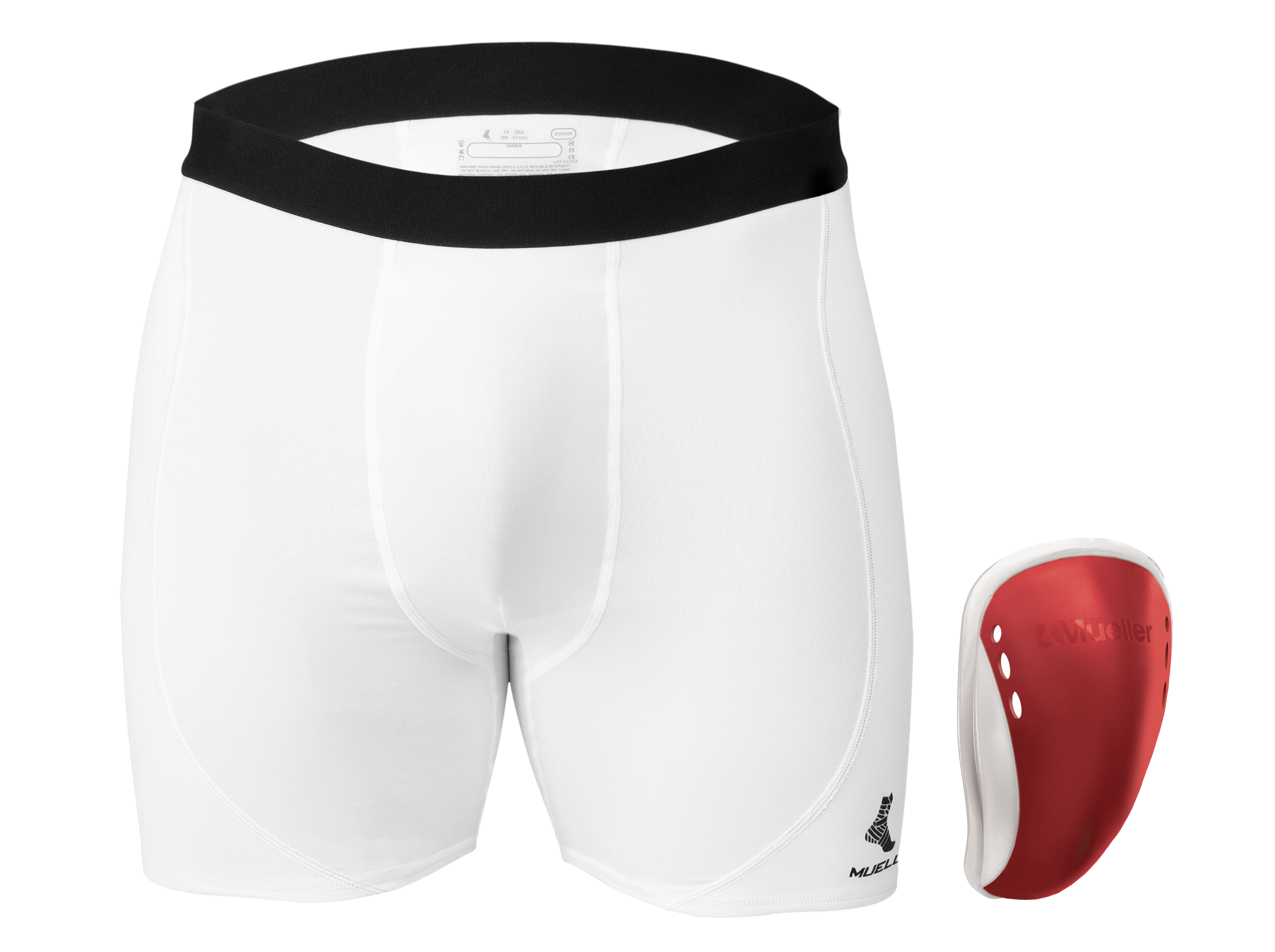 Mueller FlexShield Supporter mit Shorts 5841 roter Cup neben Hose