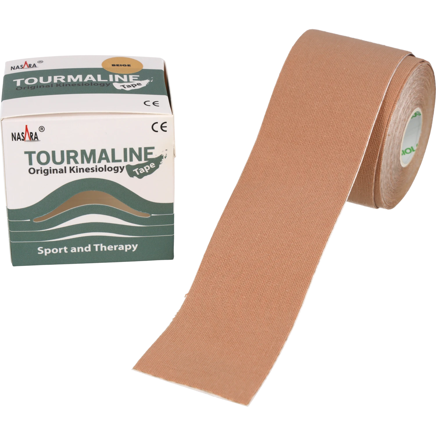 Nasara Tourmalin Kinesiologie Tape Beige Rolle abgewickelt neben Verpackung