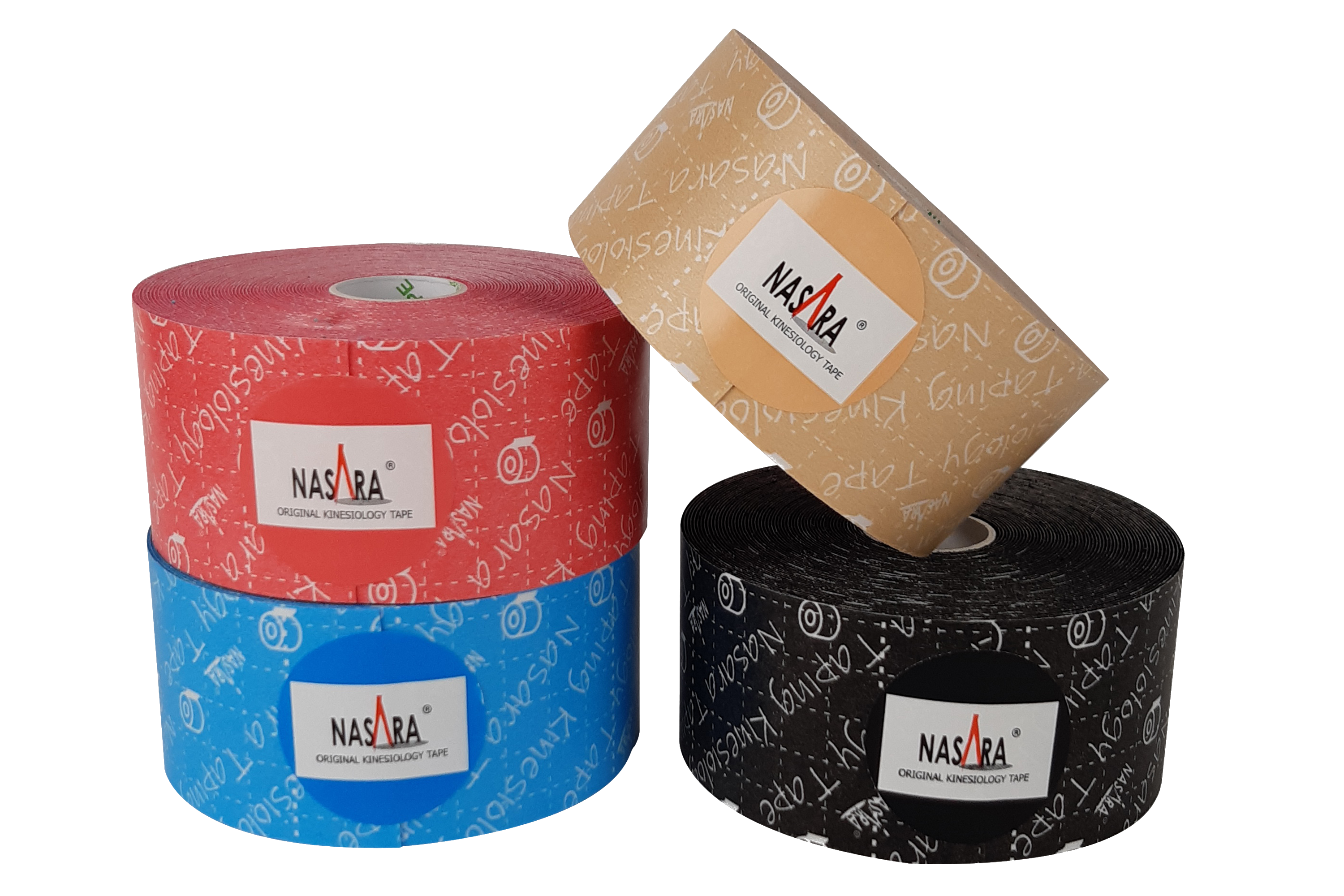 Nasara Kinesiologie Tape 11m Rollen 4 Farben aufeinander Nasara Kinesiologie Tape 11m Rollen 4 Farben aufeinander gestapelt
