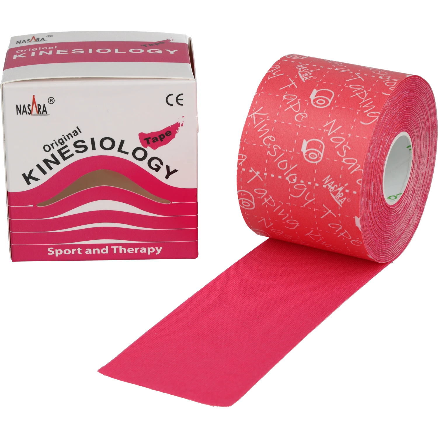Nasara Kinesiologie Tape 5cm Pink Einzelrolle abgerollt neben Verpackung