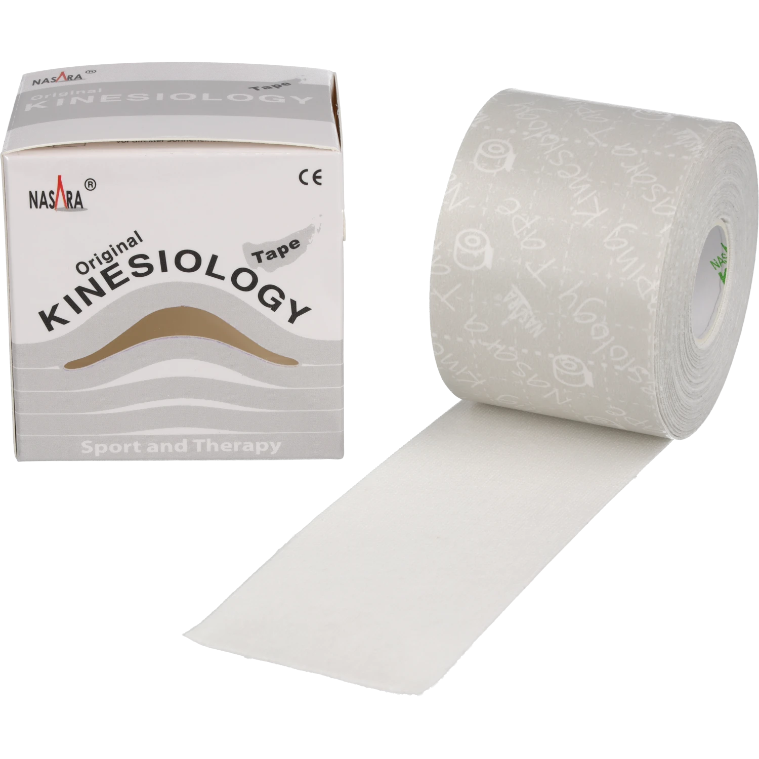 Nasara Kinesiologie Tape 5cm Weiss Einzelrolle abgerollt neben Verpackung