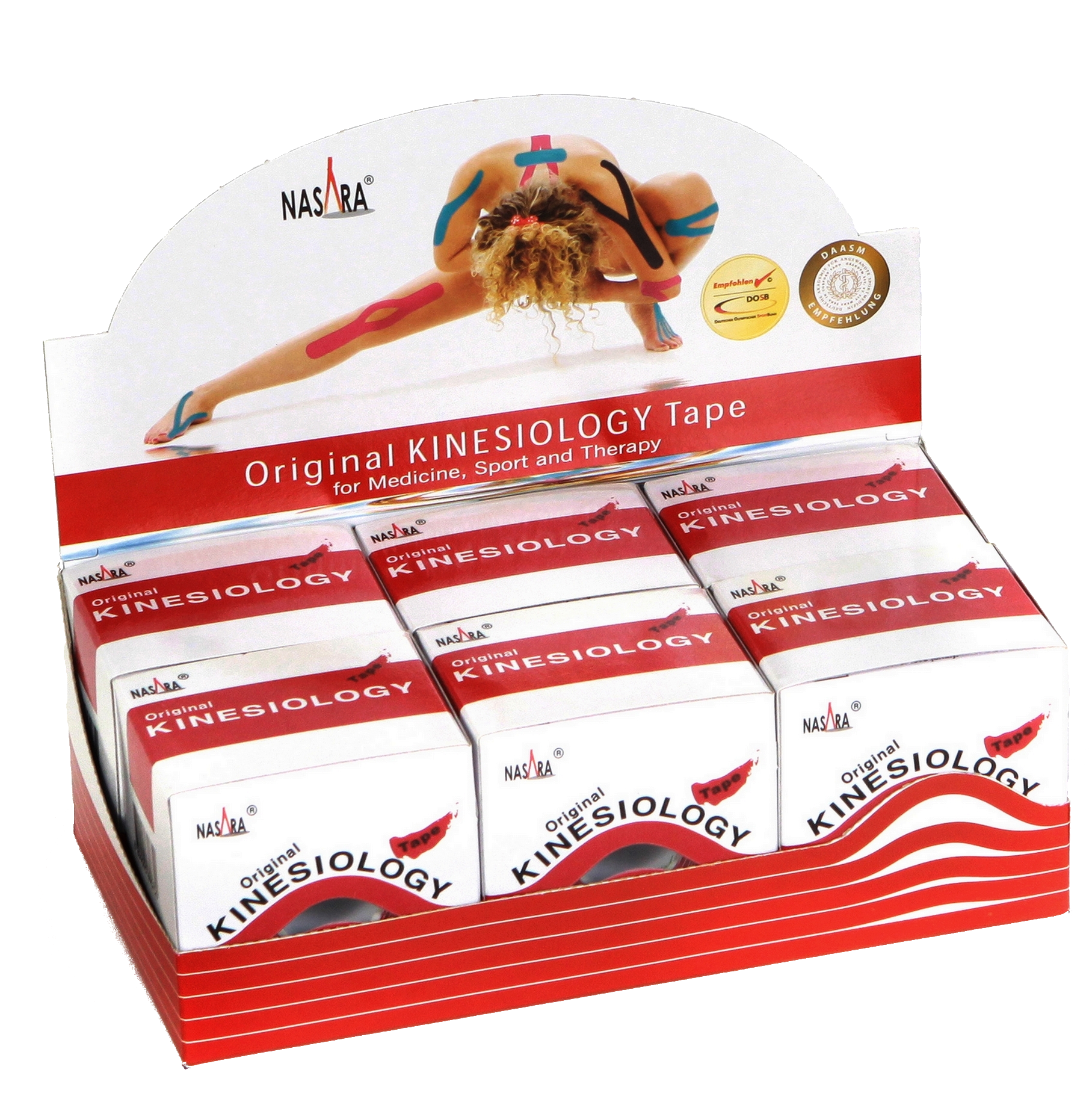 Nasara Kinesiologie Tape 6er Box Rot Displaybox offen