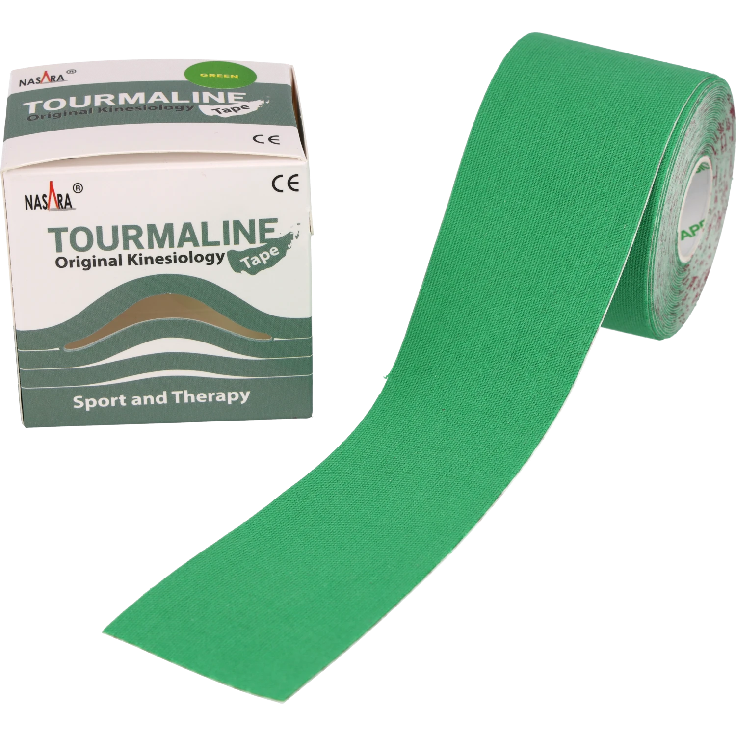 Nasara Tourmalin Kinesiologie Tape Grün Rolle abgewickelt neben Verpackung