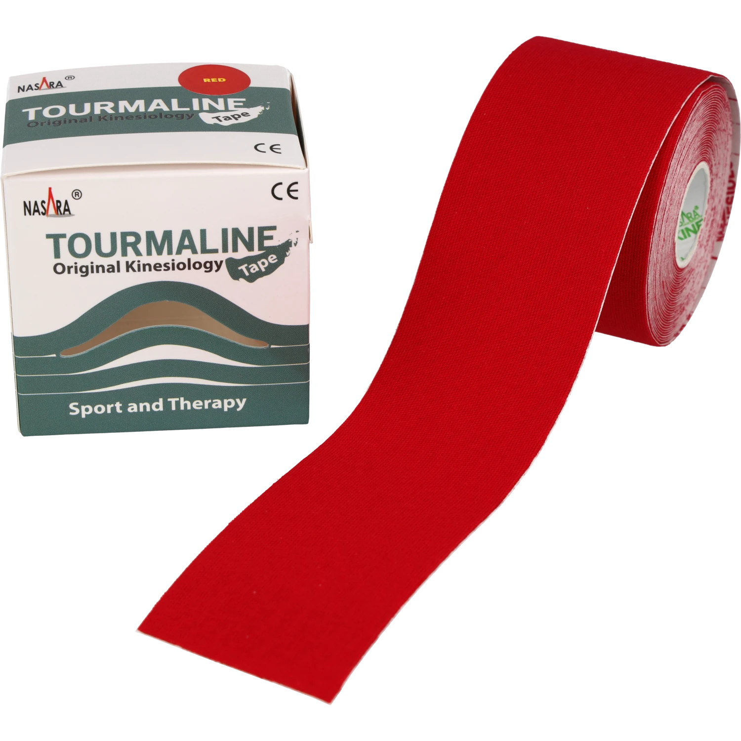 Nasara Tourmalin Kinesiologie Tape Rot Rolle abgewickelt neben Verpackung