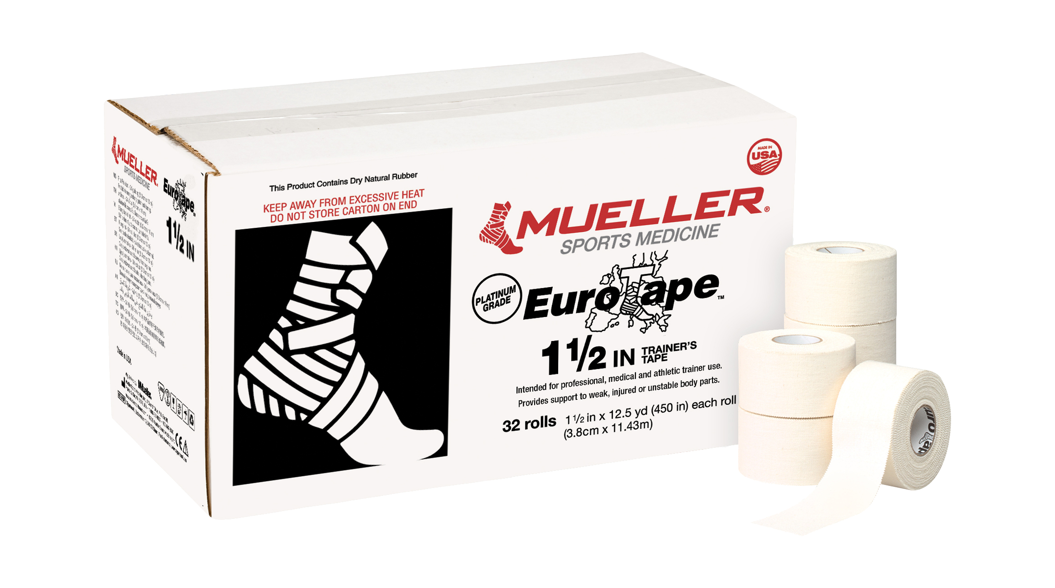 Mueller EuroTape Platinum Grade 3,8cm Verpackungseinheit mit Einzelrollen davor 130595VE
